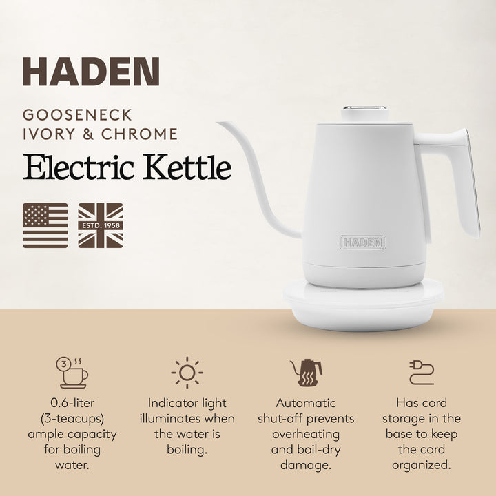 Haden Electric Tea Kettle, Gooseneck Hot Water Boiler, 0.6L Teapot, Ivory/Chrome