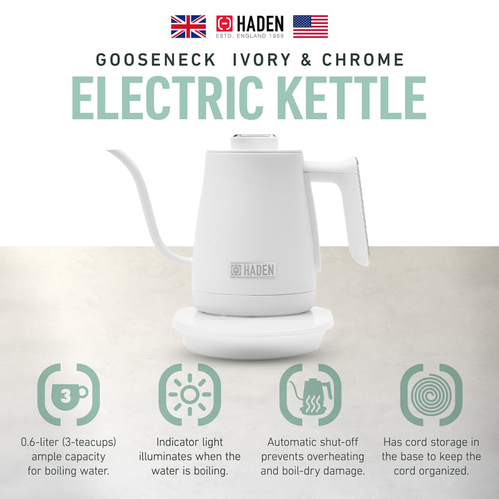 Haden Electric Tea Kettle, Gooseneck Hot Water Boiler, 0.6L Teapot, Ivory/Chrome - VMInnovations