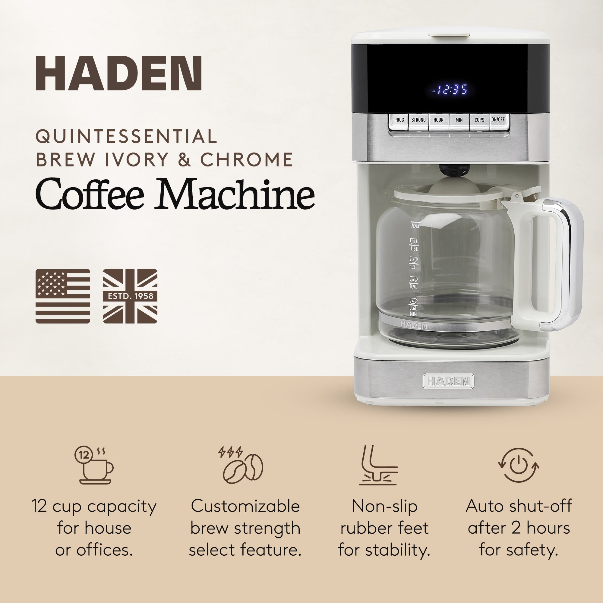 Haden Quintessential 12 Cup Programmable Digital Coffee Maker, Ivory/Chrome - VMInnovations