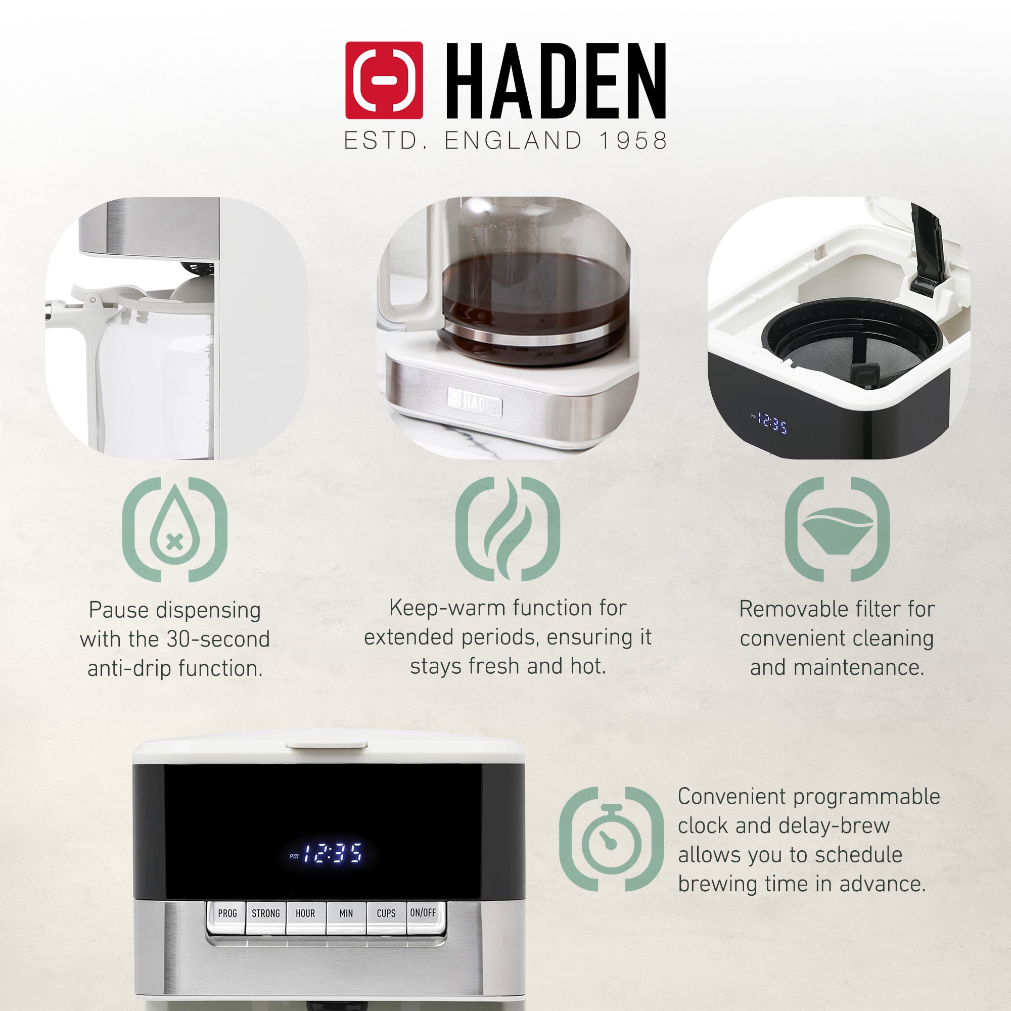 Haden Quintessential 12 Cup Programmable Digital Coffee Maker,Ivory/Chrome(Used) - VMInnovations