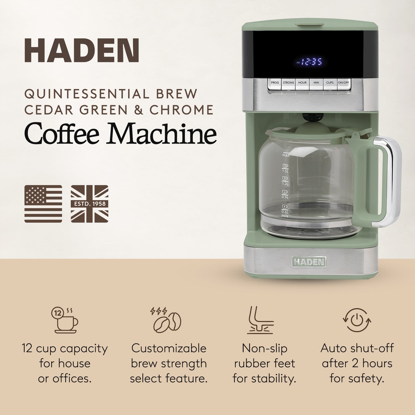 Haden Programmable Drip Coffee Maker, 12 Cup Cafe Machine & Carafe, Green/Chrome - VMInnovations