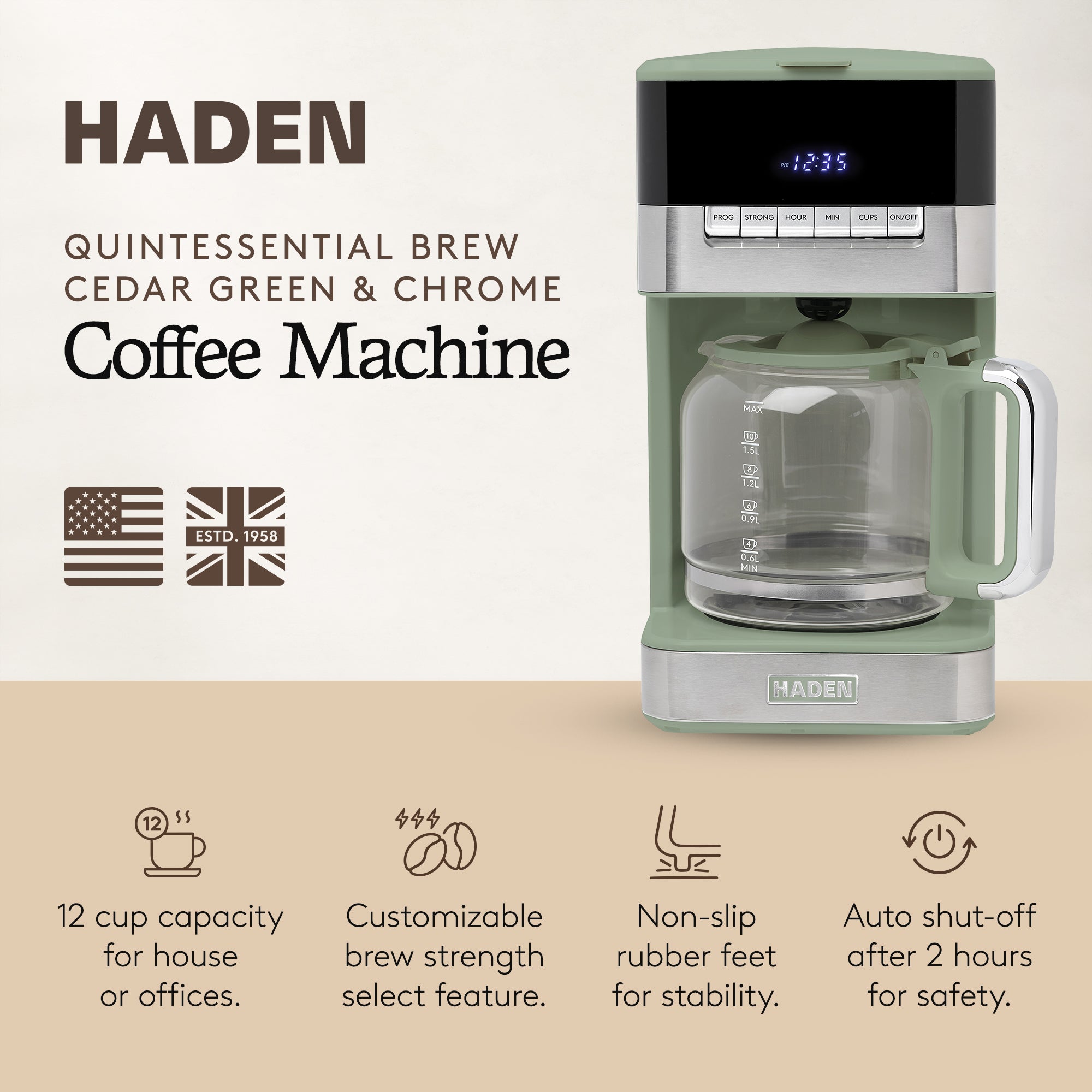 Haden Programmable Drip Coffee Maker, 12 Cup Cafe Machine & Carafe, Green/Chrome - VMInnovations