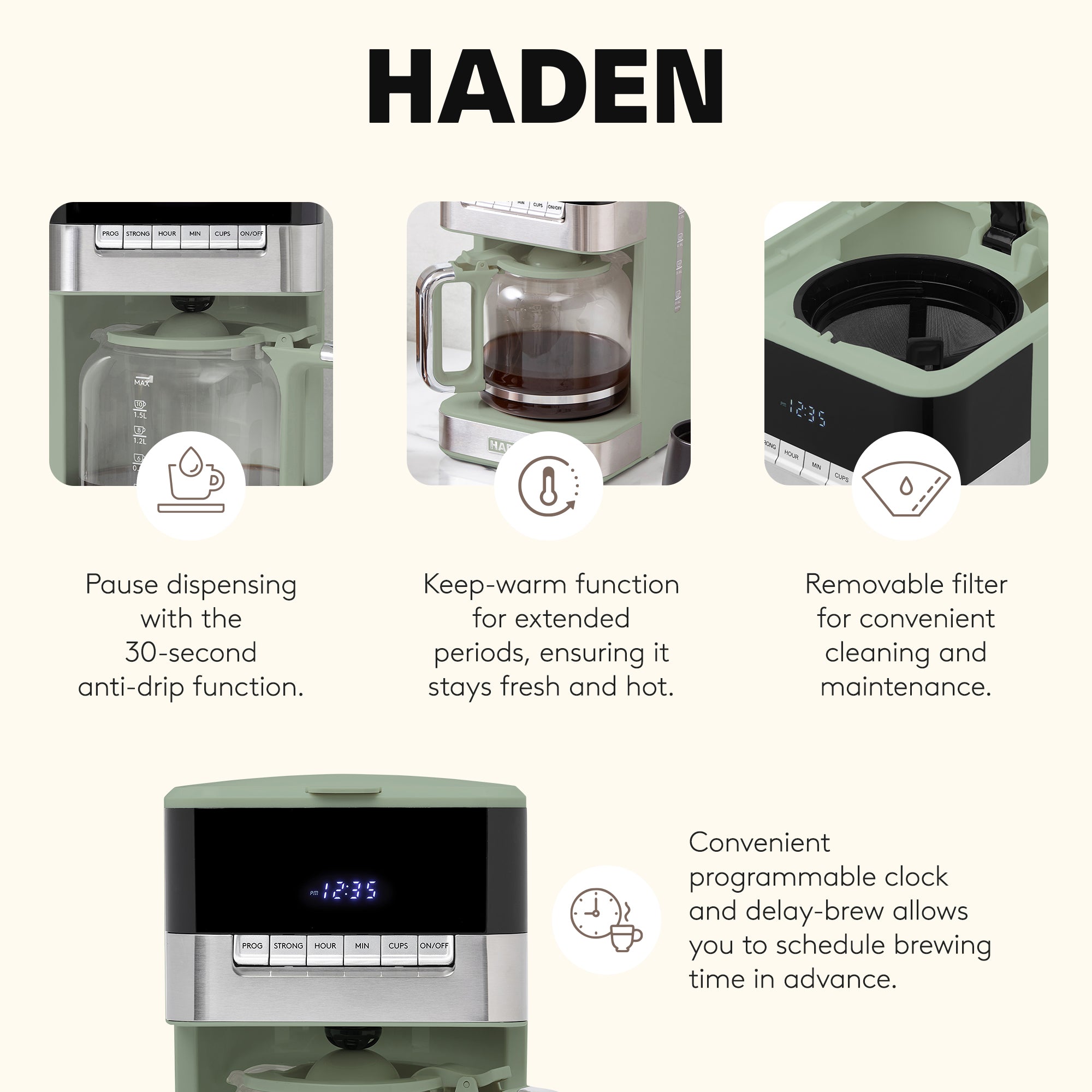 Haden Programmable Drip Coffee Maker, 12 Cup Cafe Machine & Carafe, Green/Chrome - VMInnovations