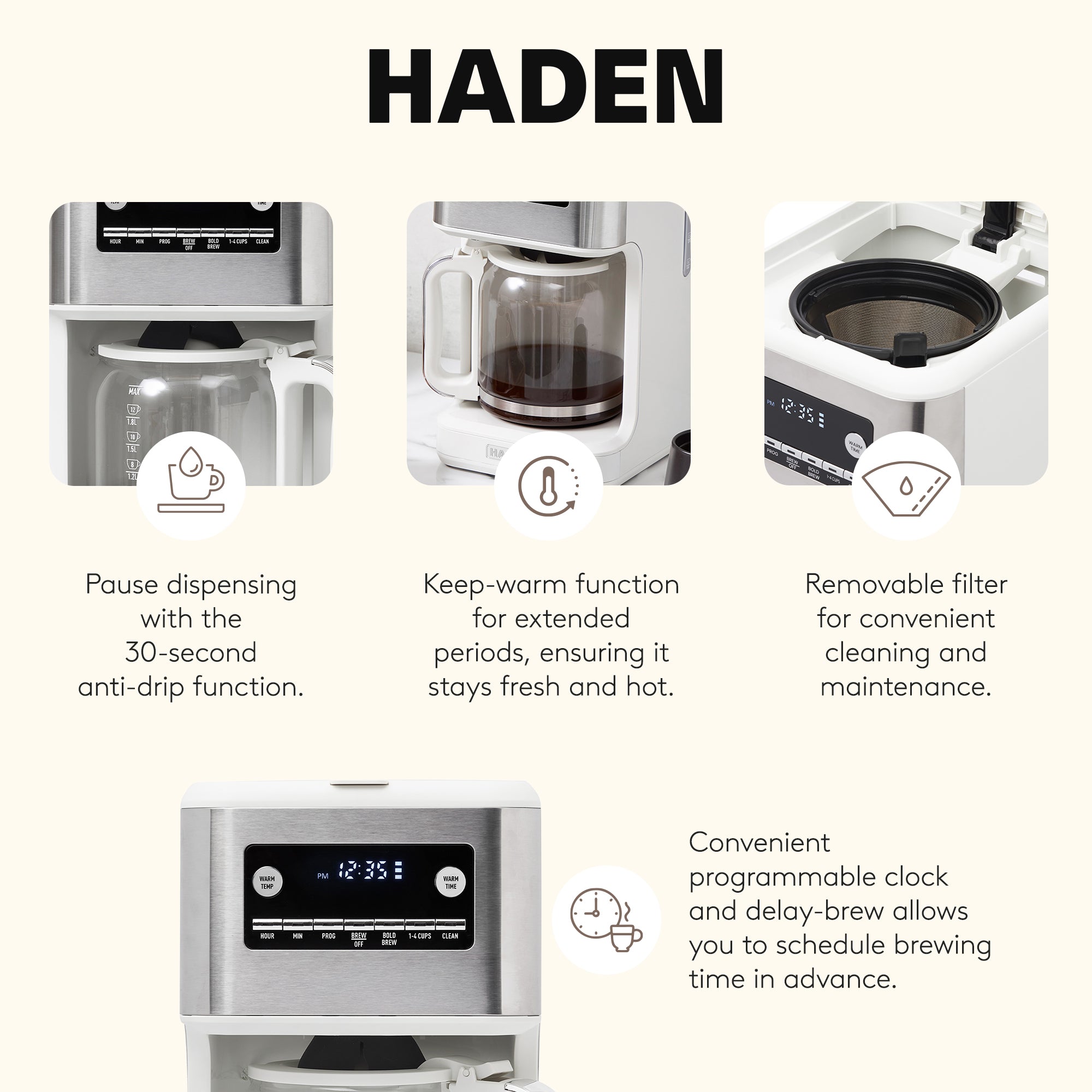 Haden Generous Brew 14 Cup Programmable Digital Coffee Maker Pot, Ivory/Chrome - VMInnovations