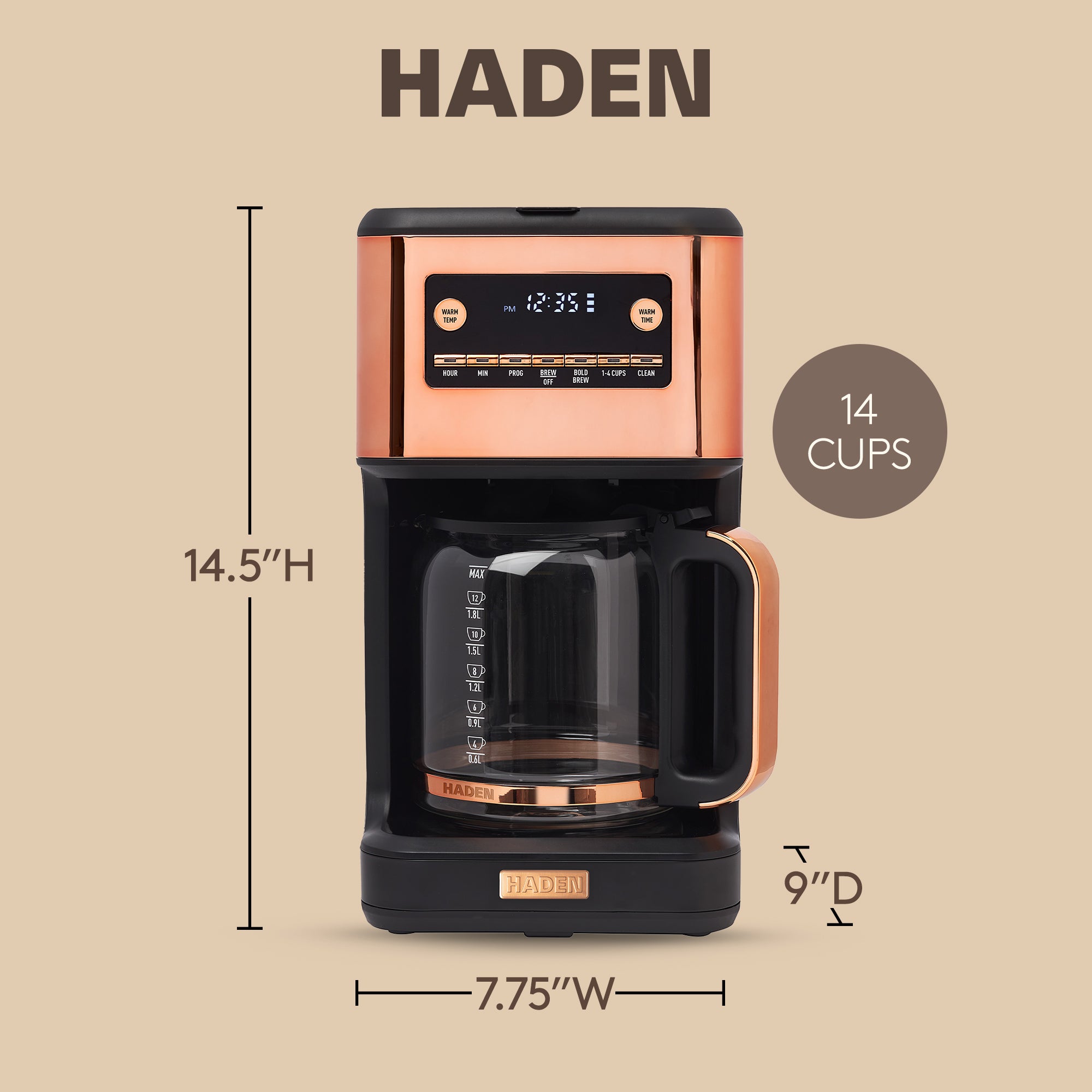 Haden Generous Brew 14 Cup Digital Coffee Maker Pot, Black/Copper (Open Box) - VMInnovations