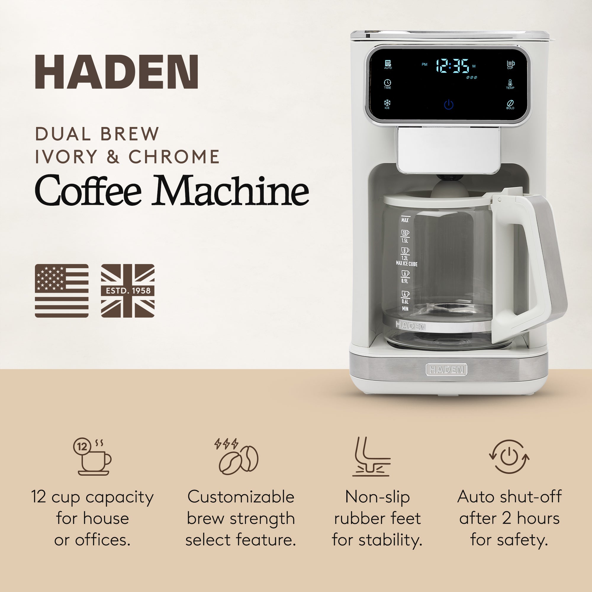 Haden Dual Brew 10 Cup Hot & Ice Programmable Digital Coffee Maker, Ivory/Chrome - VMInnovations