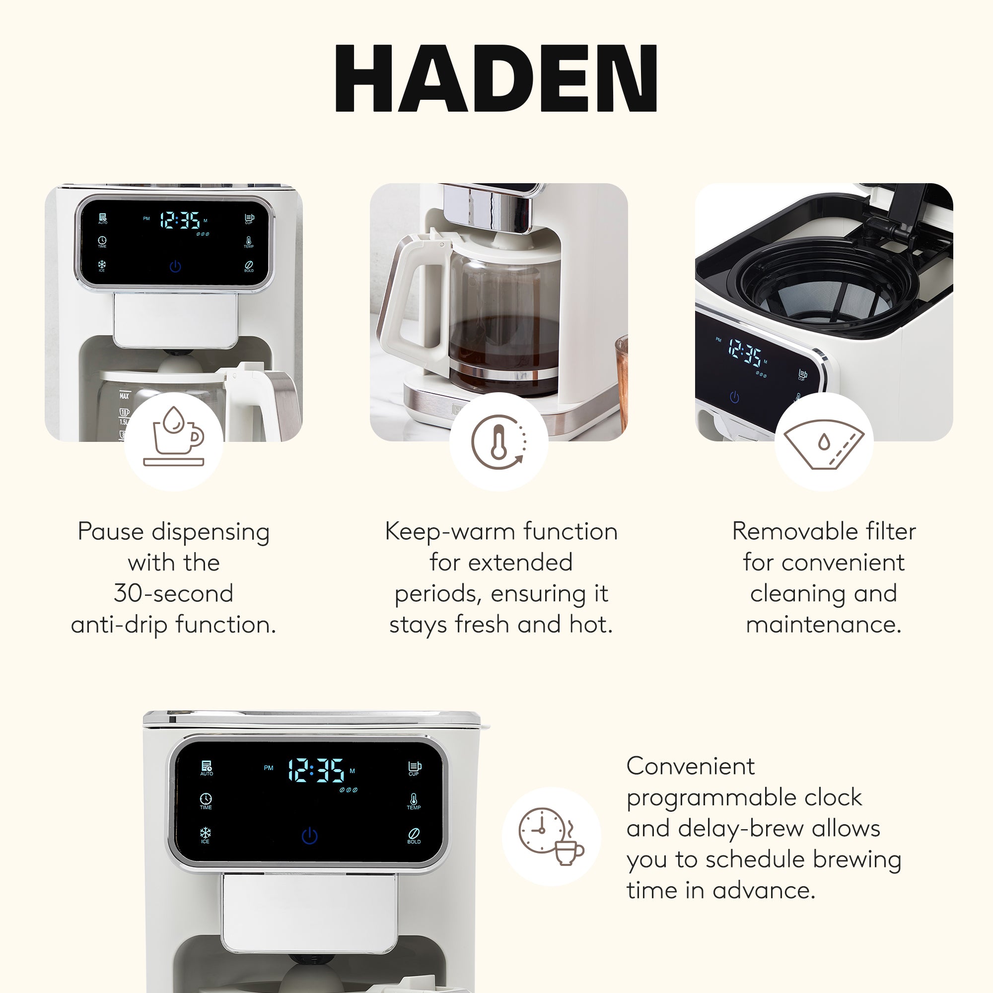 Haden Dual Brew 10 Cup Hot & Ice Programmable Digital Coffee Maker, Ivory/Chrome - VMInnovations