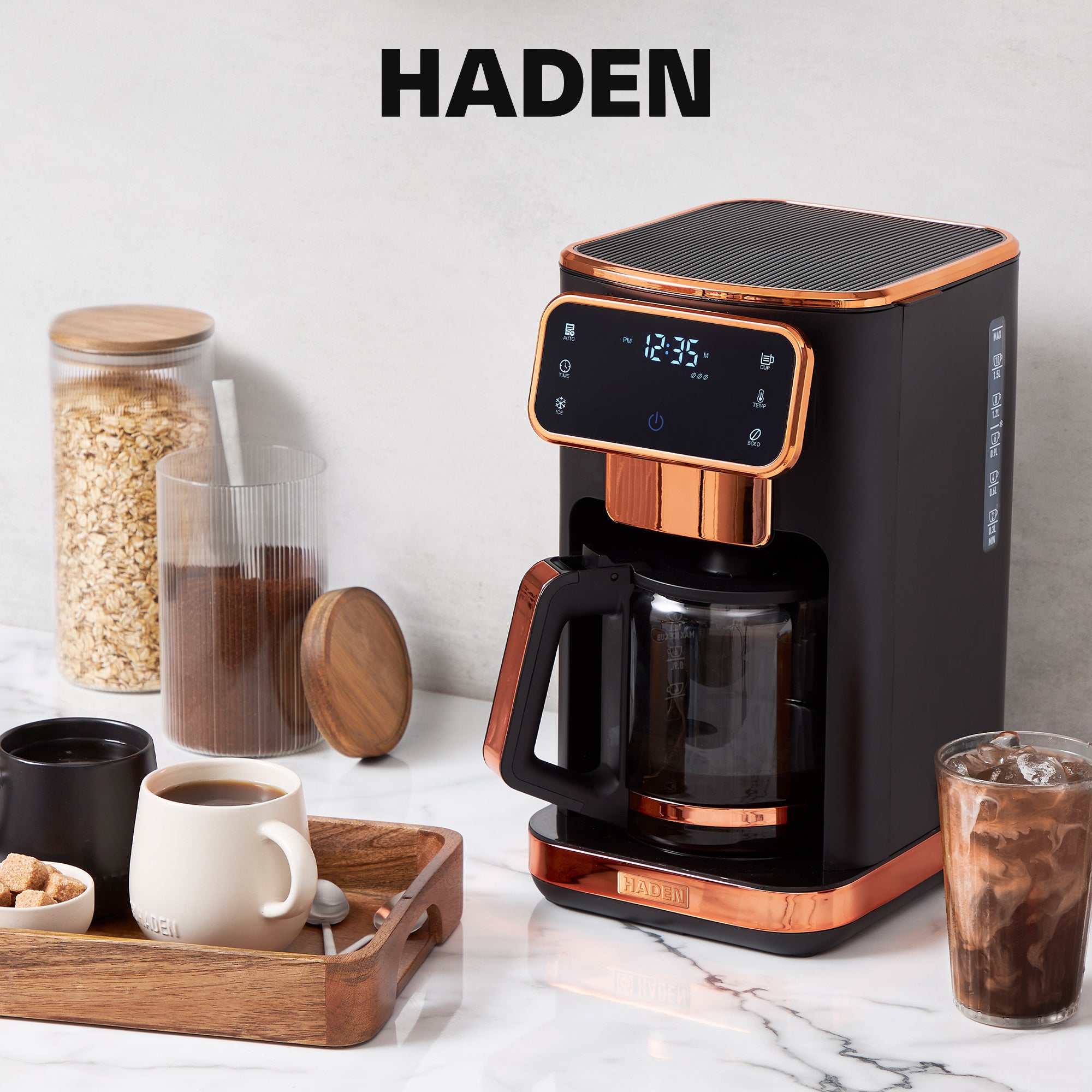 Haden Dual Brew 12 Cup Hot & Ice Programmable Digital Coffee Maker, Black/Copper