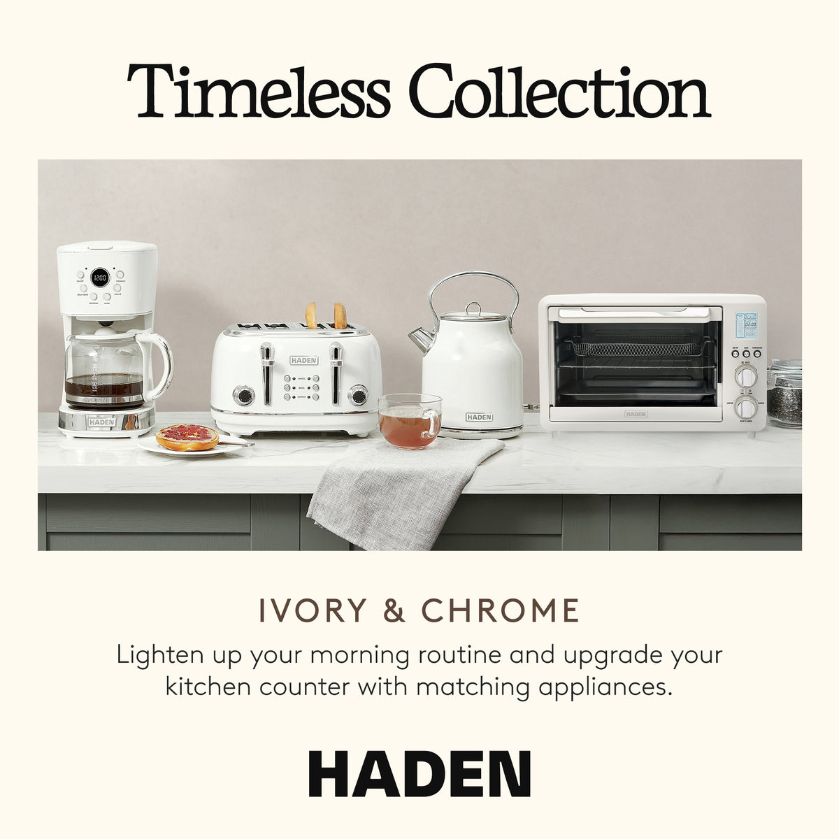 Haden Countertop 6 Slice Toaster Oven Air Fryer Combo for Kitchen, Ivory/Chrome