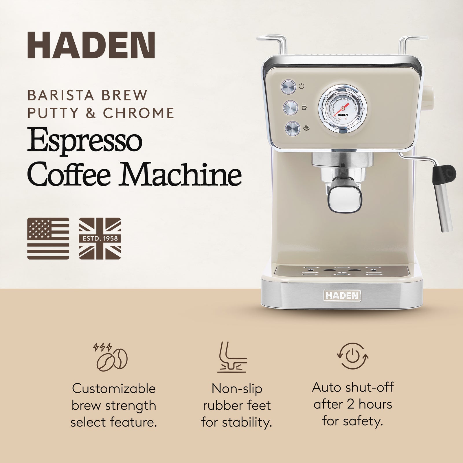 Haden Barista Brew Espresso Coffee Machine 20-Bar Espresso Maker, Putty & Copper - VMInnovations