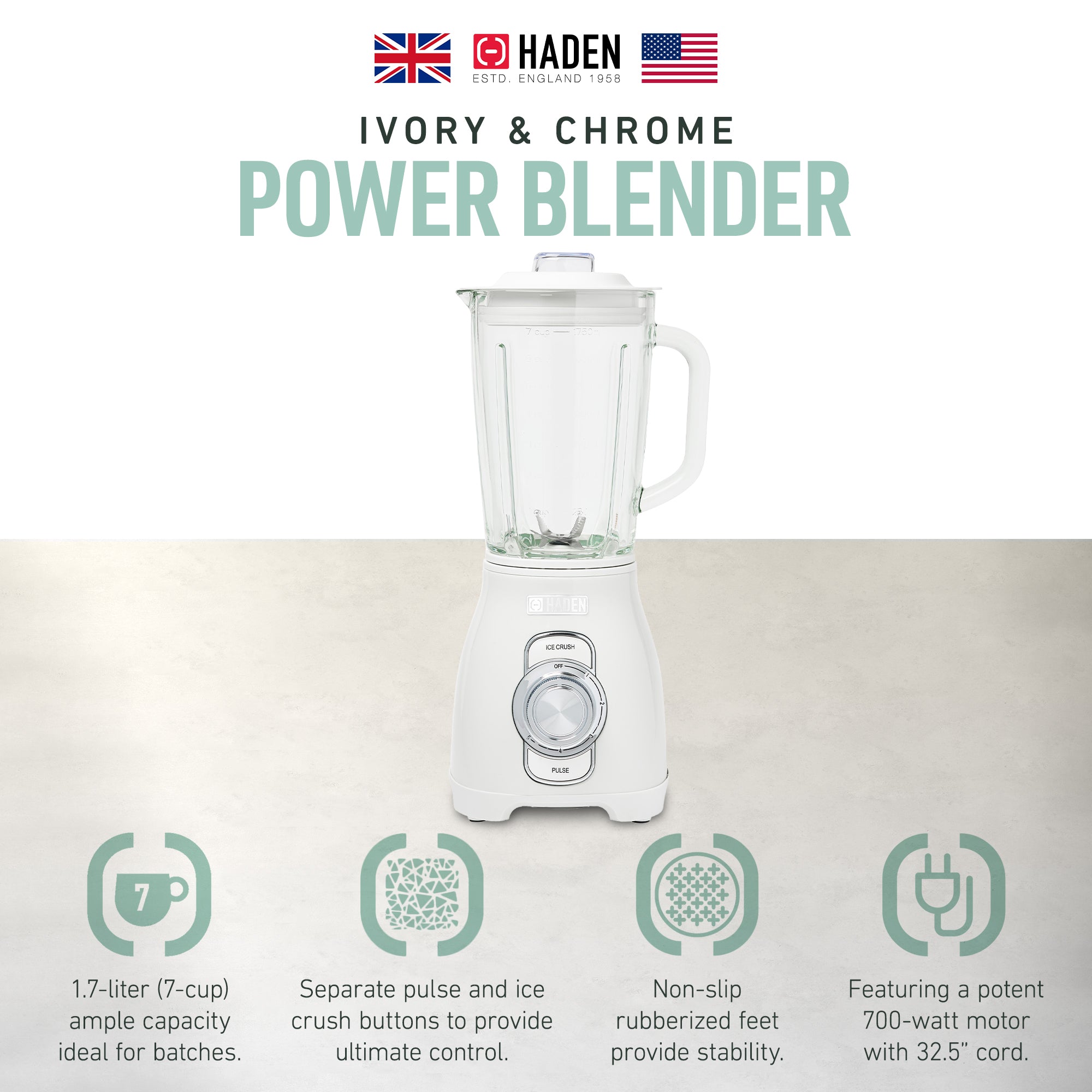 Haden Stainless 1.75L Glass 700W Motor Power Blender, Ivory/Chrome (Open Box) - VMInnovations
