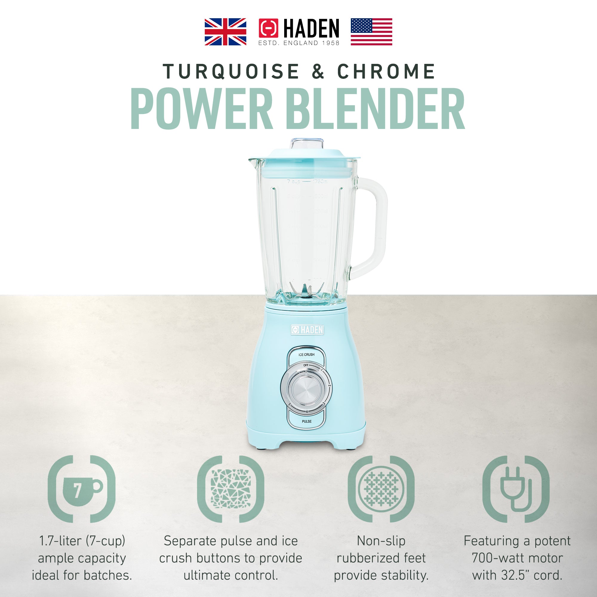 Haden Stainless 1.75 Lt Glass Jug 700W Power Blender, Turquoise/Chrome(Open Box) - VMInnovations