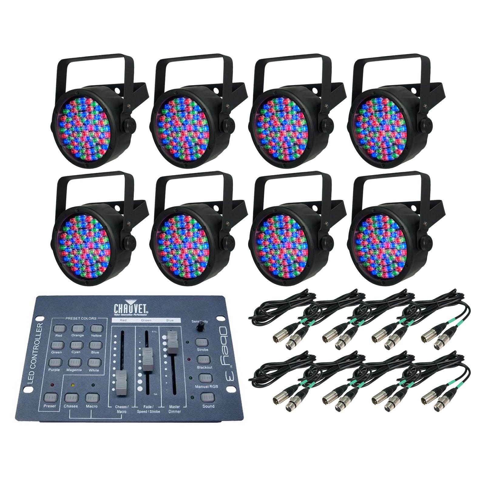 8 Chauvet SlimPar 38 LED Par Can Lights + Obey 3 Controller + 10' & 25' Cables