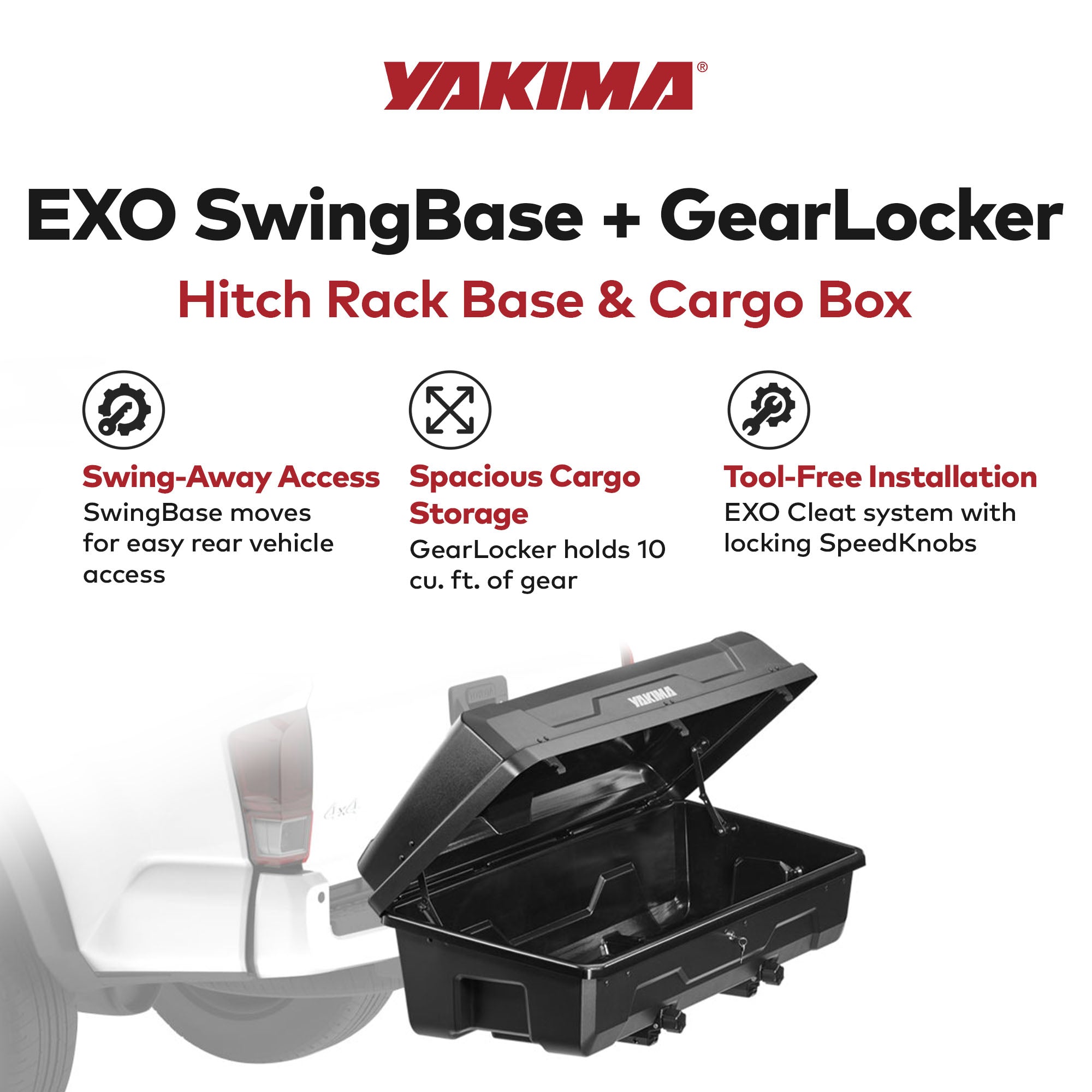 Yakima EXO SwingBase Hitch Base Rack & EXO GearLocker Vehicle Rooftop Cargo Box - VMInnovations