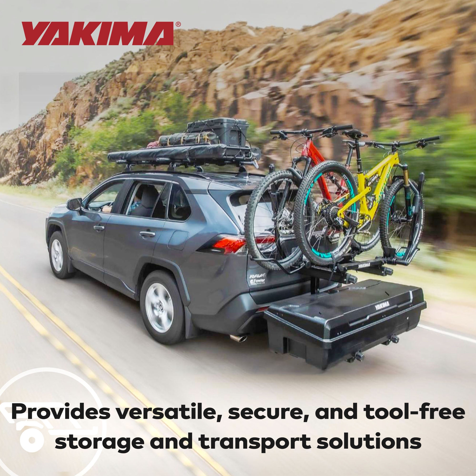 Yakima EXO SwingBase Hitch Base Rack with GearLocker Cargo Box and TopShelf Rack - VMInnovations