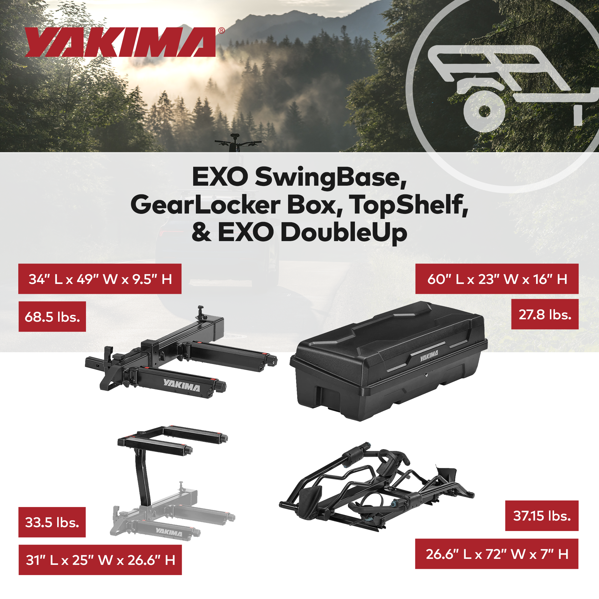 Yakima EXO SwingBase Bike Rack, GearLocker Box, TopShelf Rack, & EXO DoubleUp