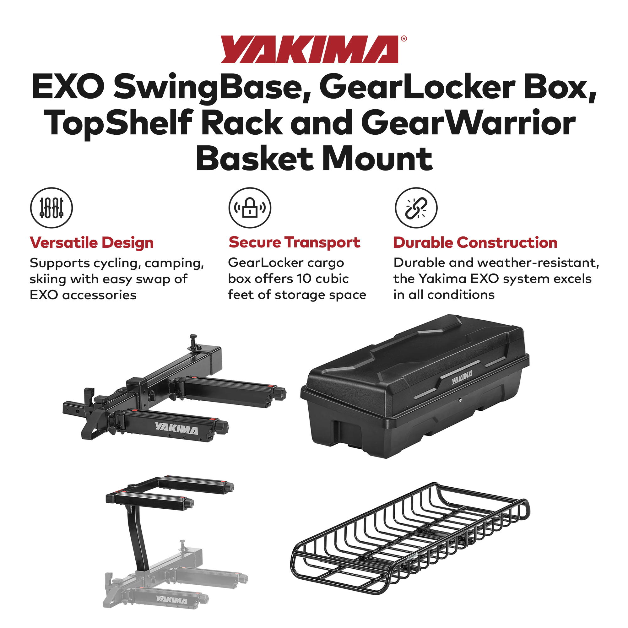 Yakima EXO SwingBase, GearLocker Box, TopShelf Rack and GearWarrior Basket Mount - VMInnovations