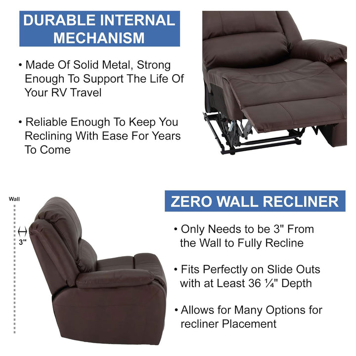 RecPro Charles 58 Inch Recliner Sofa RV Faux Leather Lounge Furniture, Mahogany - VMInnovations