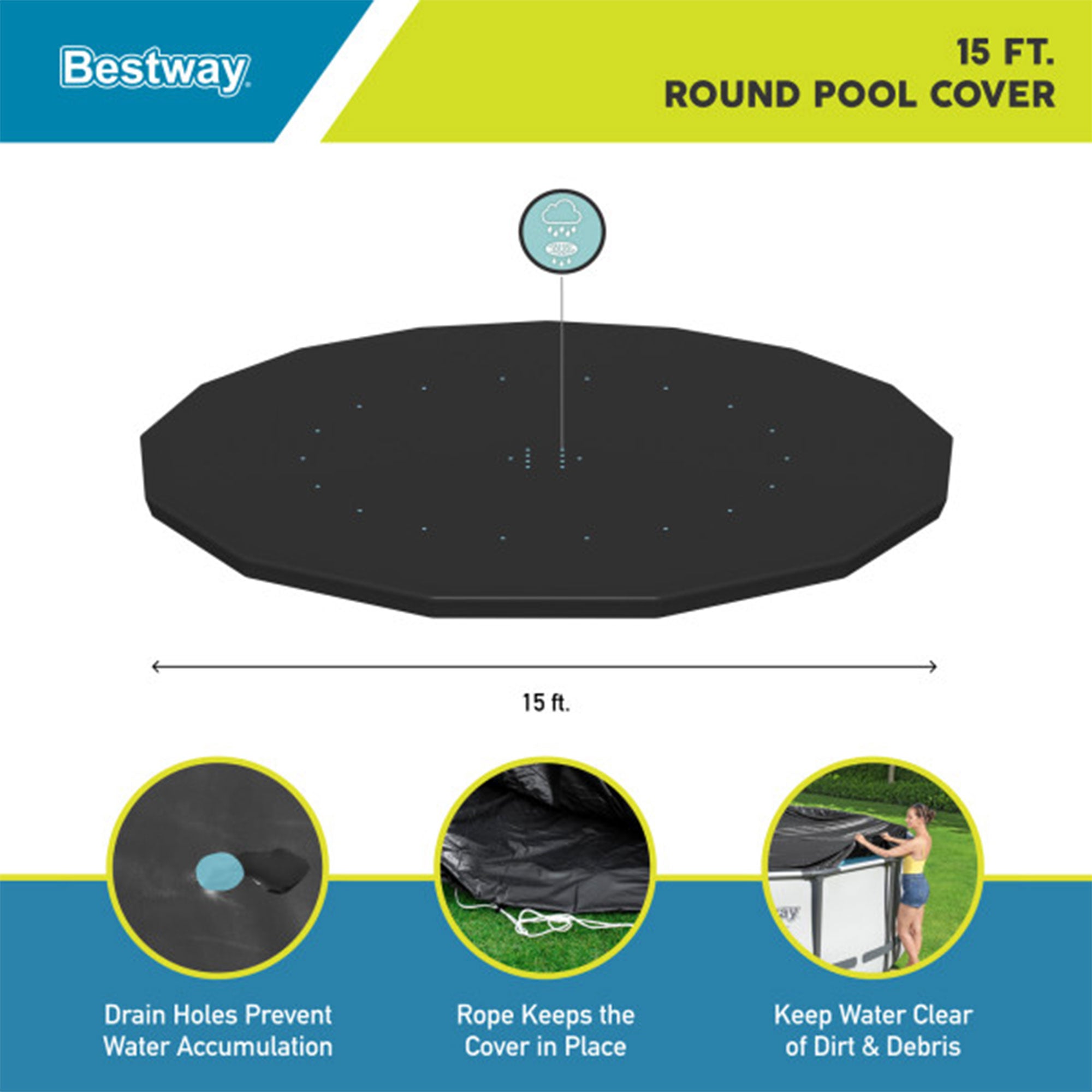 Bestway Round Pool Cover for 15 Foot Above Ground Pools, Black (Open Box)