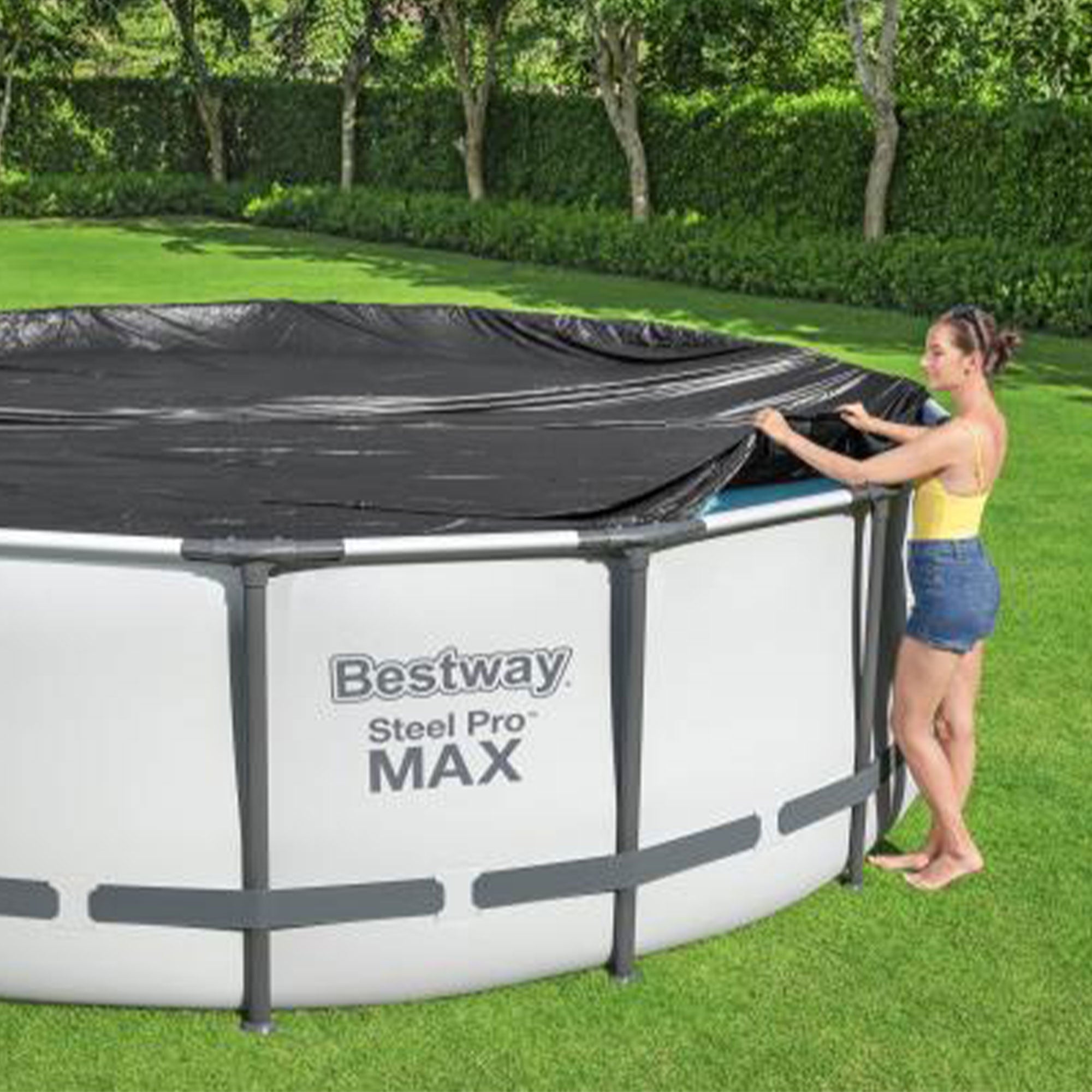 Bestway Round Pool Cover for 15 Foot Above Ground Pools, Black (Open Box)