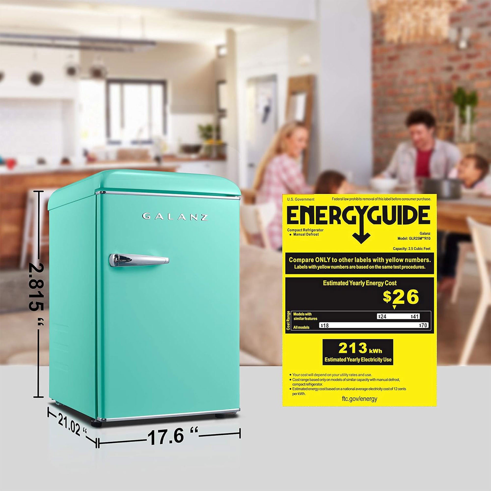 Galanz Retro Energy Efficient Compact Refrigerator w/Freezer, 2.5 Cu Ft, Green - VMInnovations