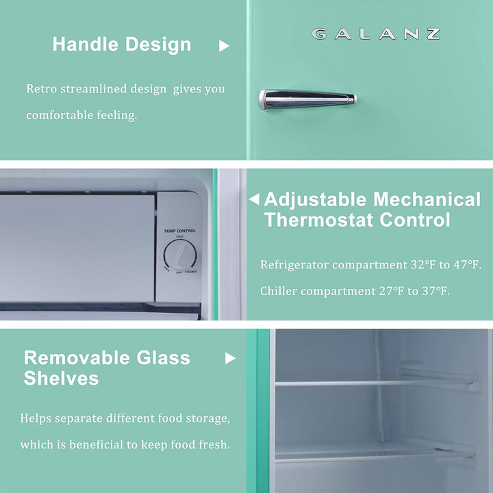 Galanz Retro Energy Efficient Compact Refrigerator w/Freezer, 2.5 Cu Ft, Green - VMInnovations