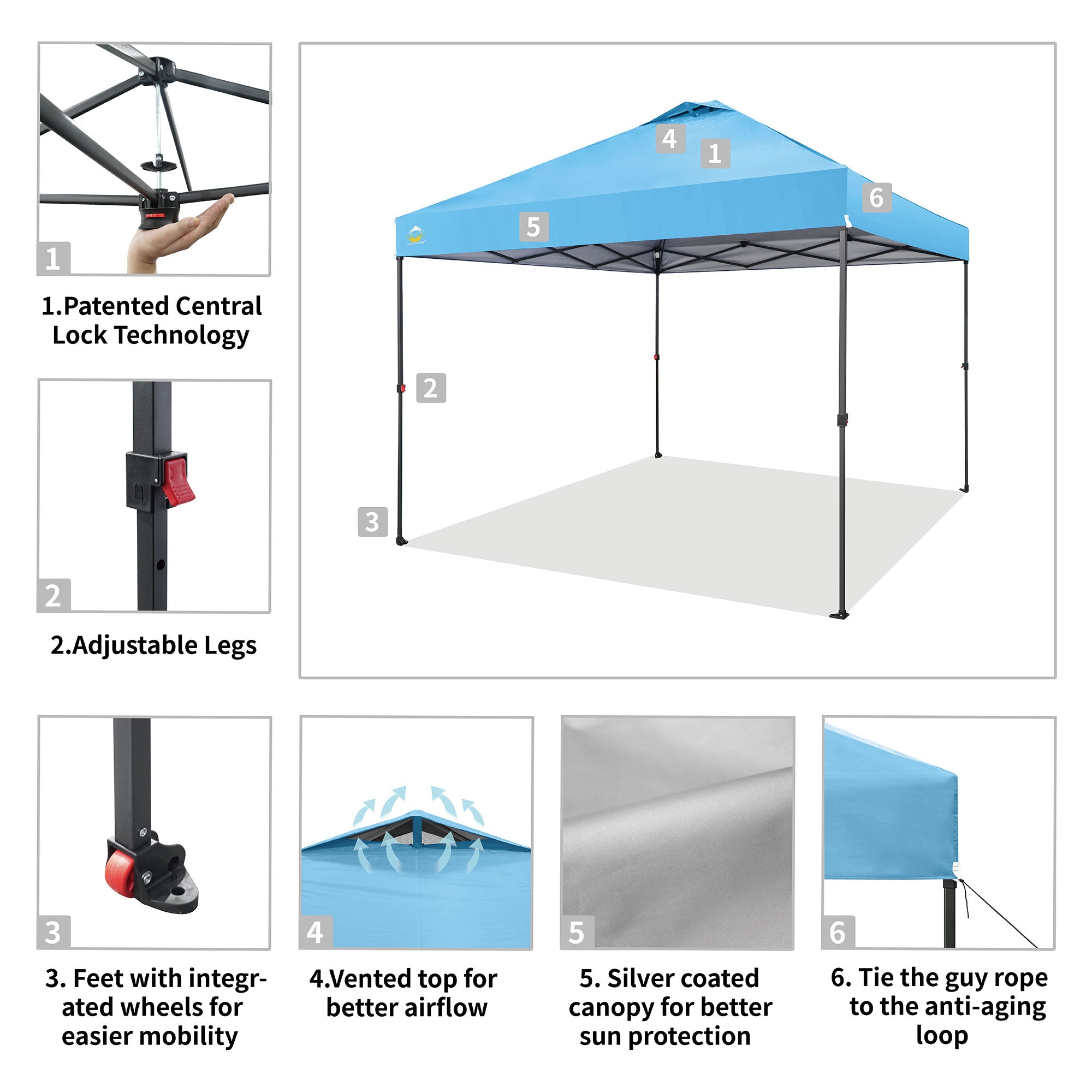 Crown Shades 10’ x 10’ Portable Instant Canopy Tent w/Extendable Legs, Sky(Used) - VMInnovations