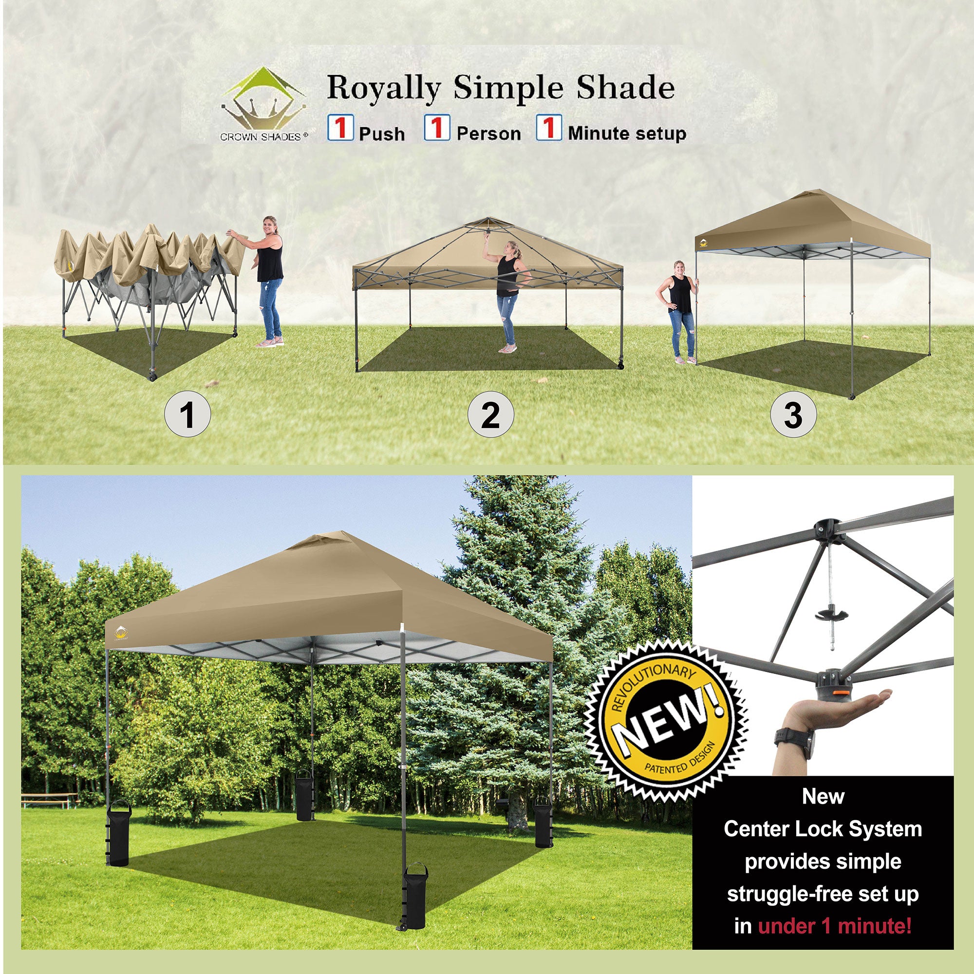 Crown Shades 10’x10’ Portable Instant Canopy Tent w/Extendable Legs, Khaki(Used) - VMInnovations