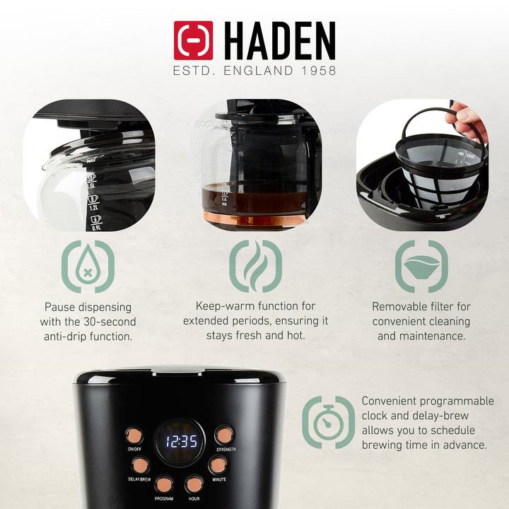 Haden Dorset 1.7L Electric Water Kettle & 12 Cup Coffee Maker, Black & Copper - VMInnovations