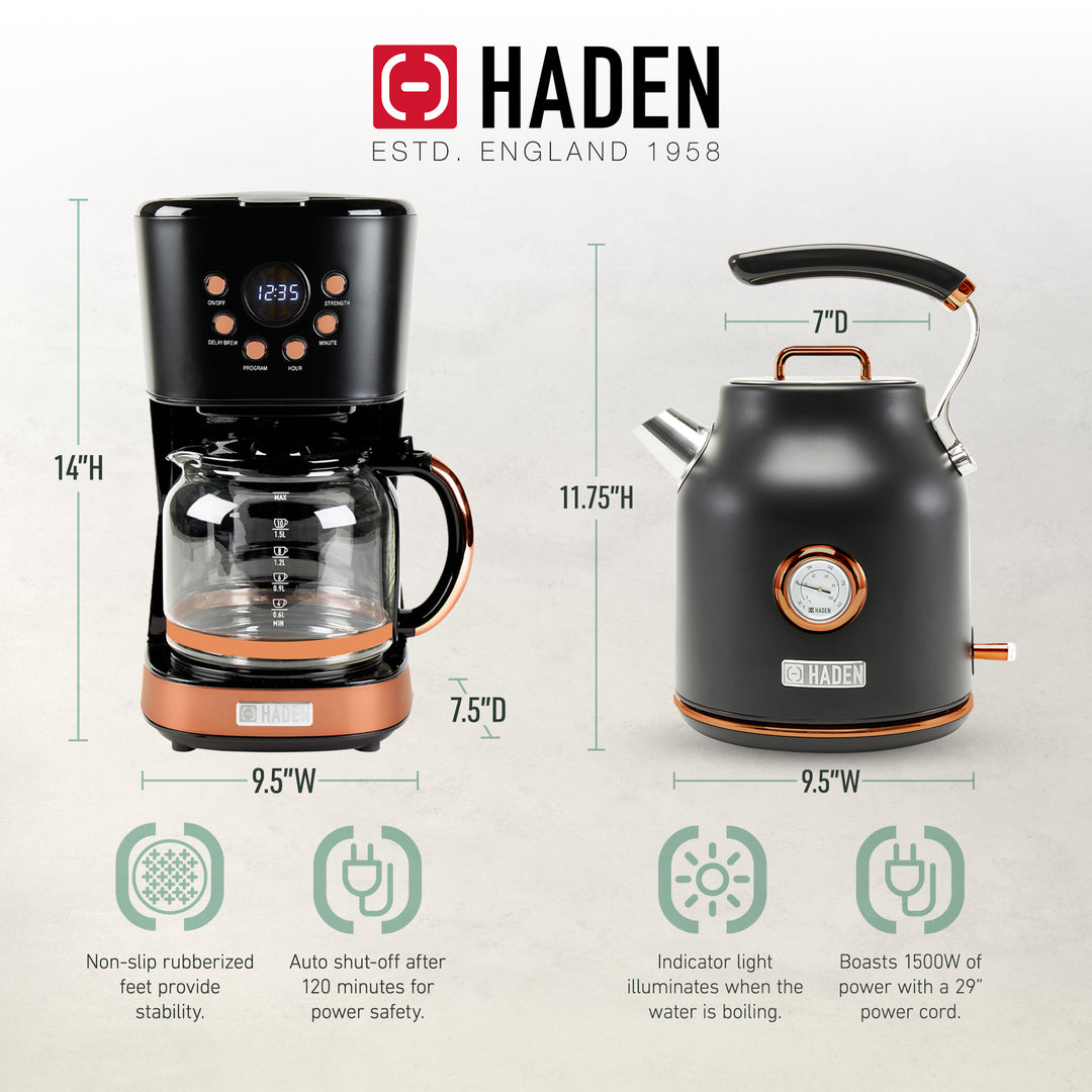Haden Dorset 1.7L Electric Water Kettle & 12 Cup Coffee Maker, Black & Copper - VMInnovations