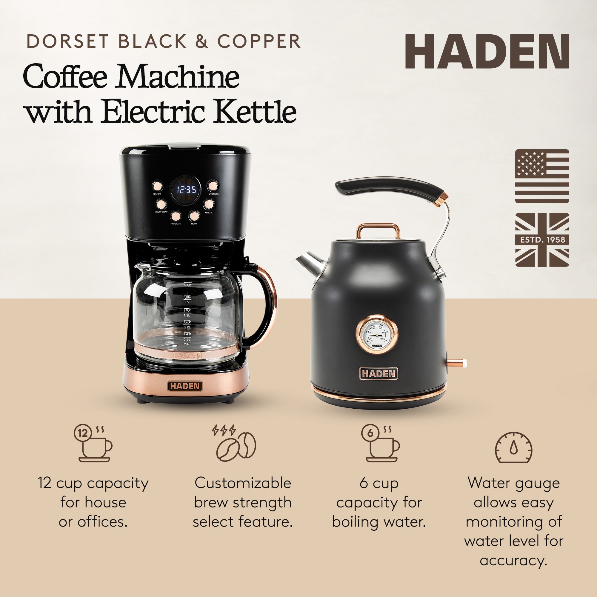 Haden Dorset 1.7L Electric Water Kettle & 12 Cup Coffee Maker, Black & Copper - VMInnovations