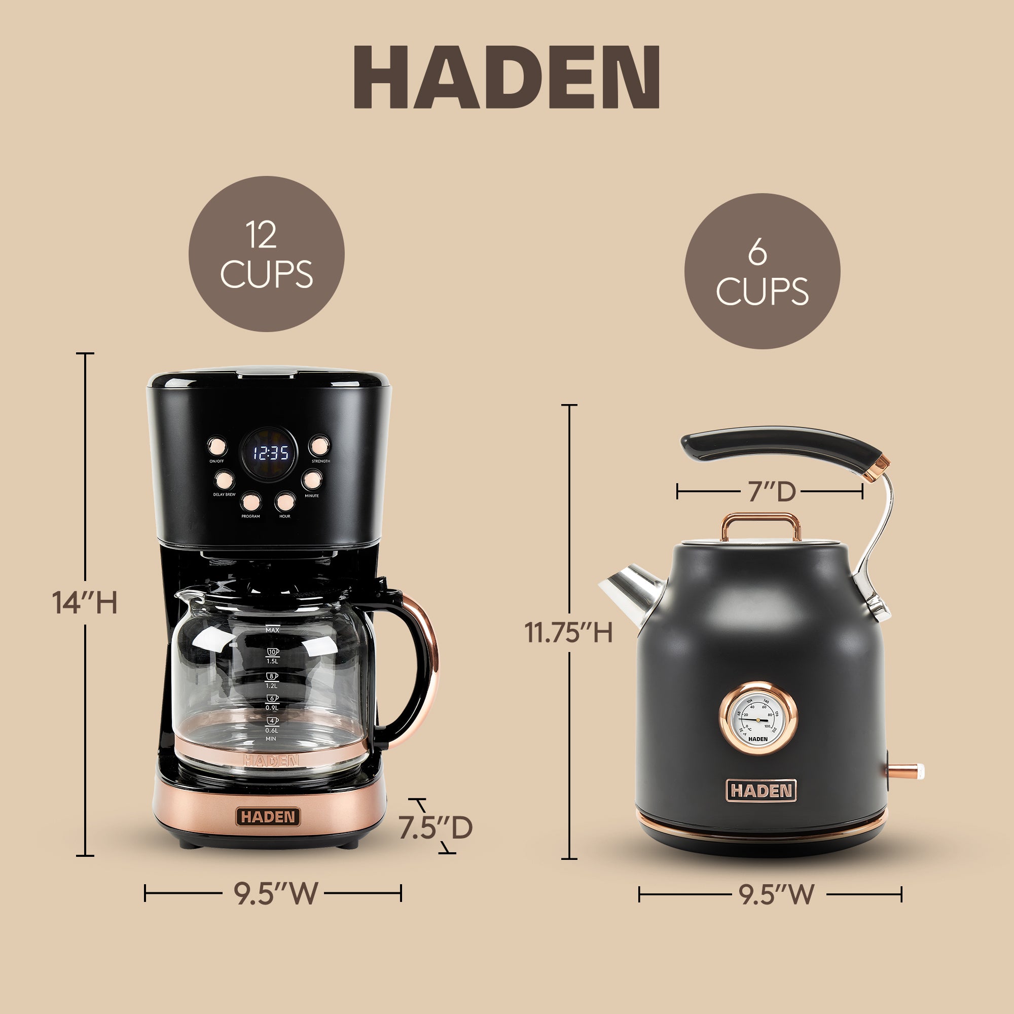 Haden Dorset 1.7L Electric Water Kettle & 12 Cup Coffee Maker, Black & Copper - VMInnovations