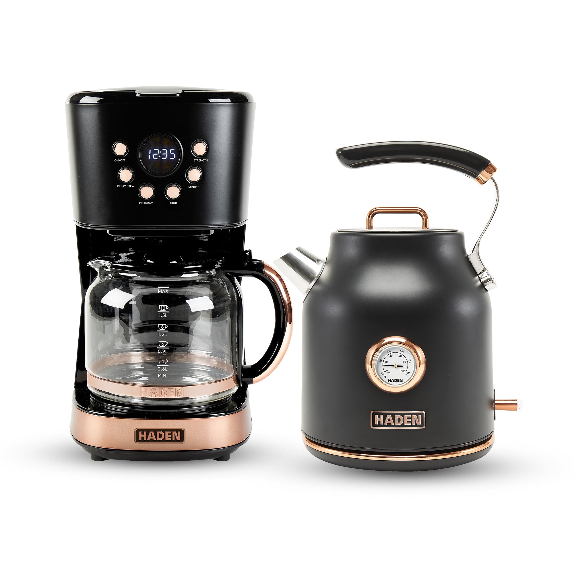Haden Dorset 1.7L Electric Water Kettle & 12 Cup Coffee Maker, Black & Copper - VMInnovations