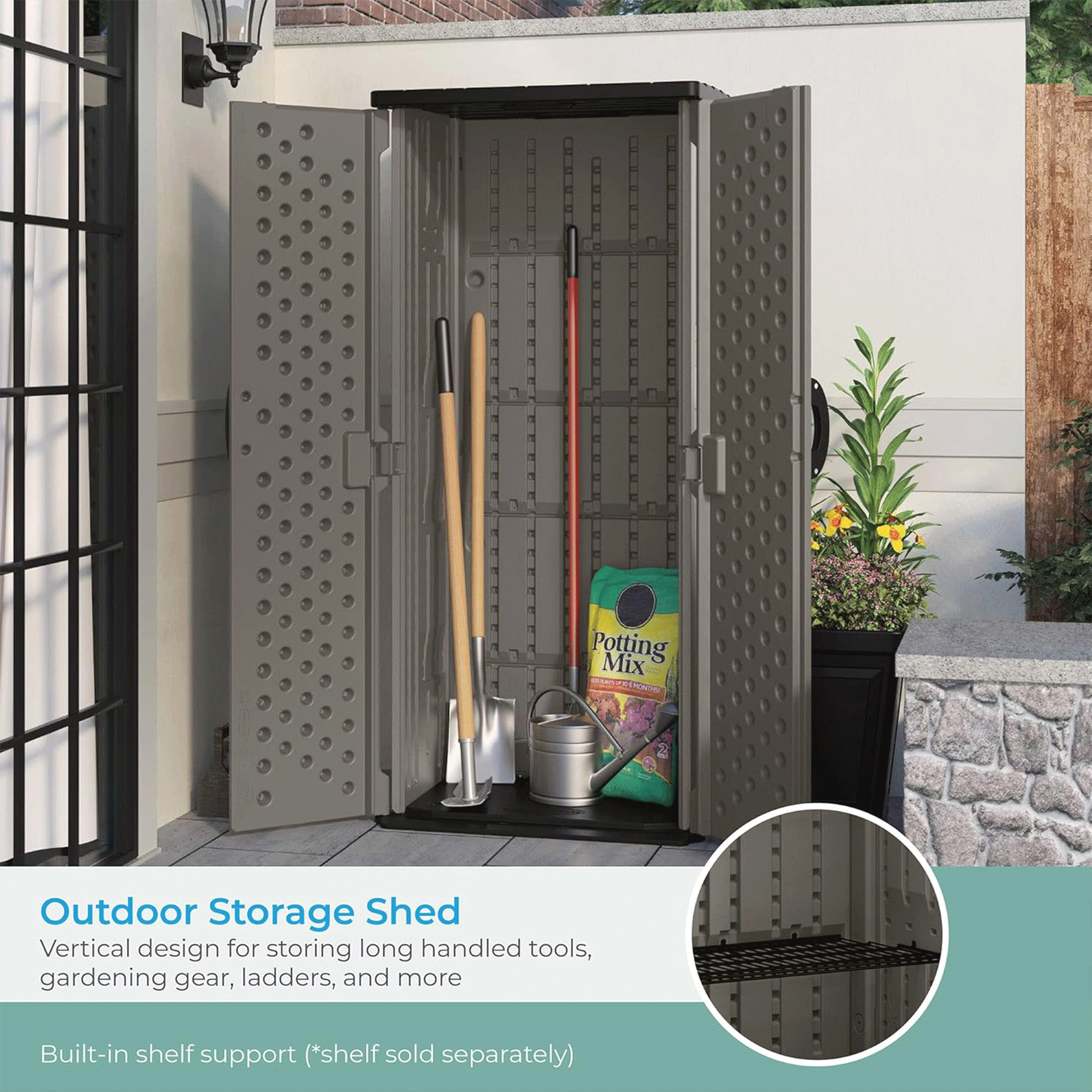 Suncast 22 Cubic Foot Vertical Shed Outdoor Storage for Patio and Garage, Stoney