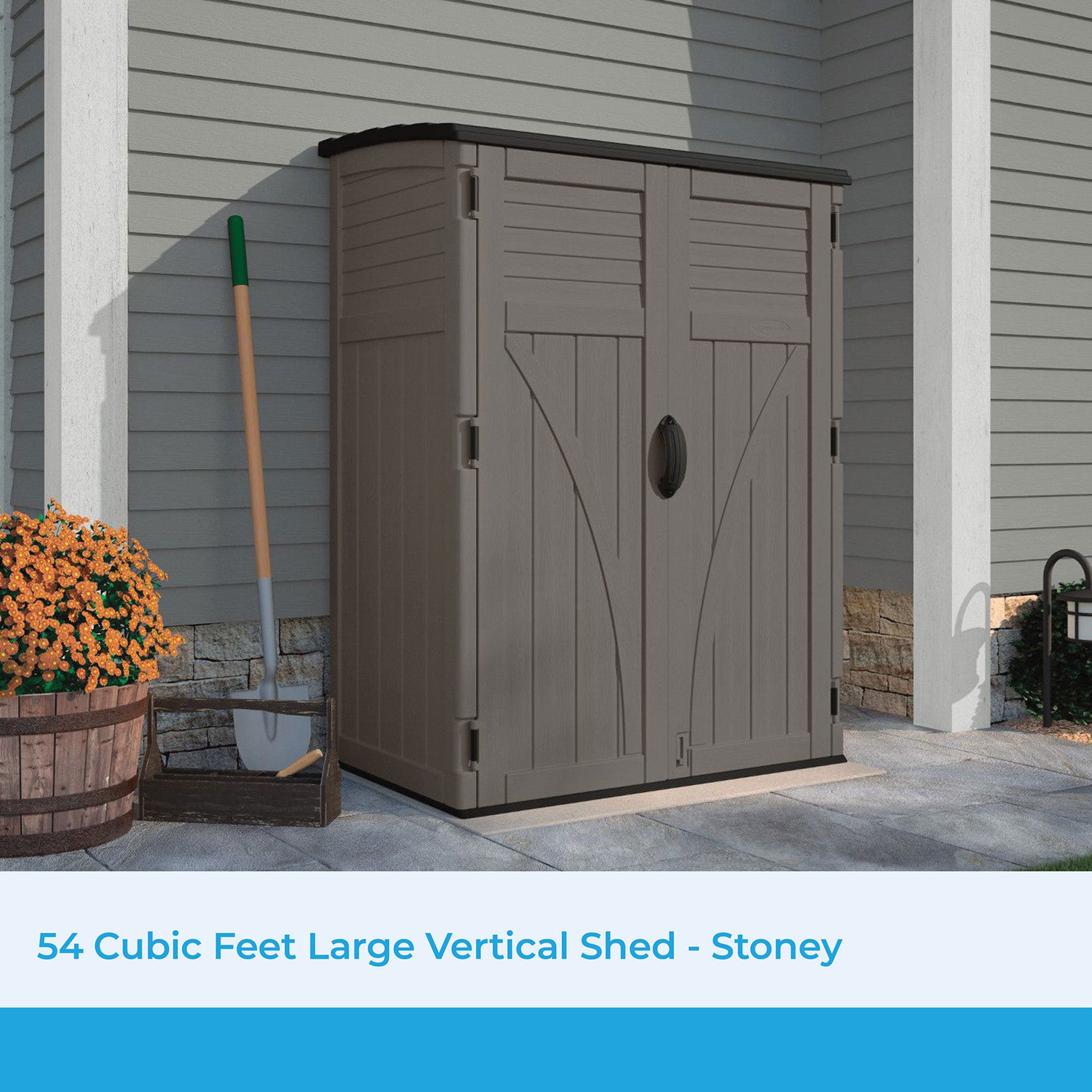 Suncast 54 Cubic Foot Vertical Shed Outdoor Storage for Patio and Garage, Stoney