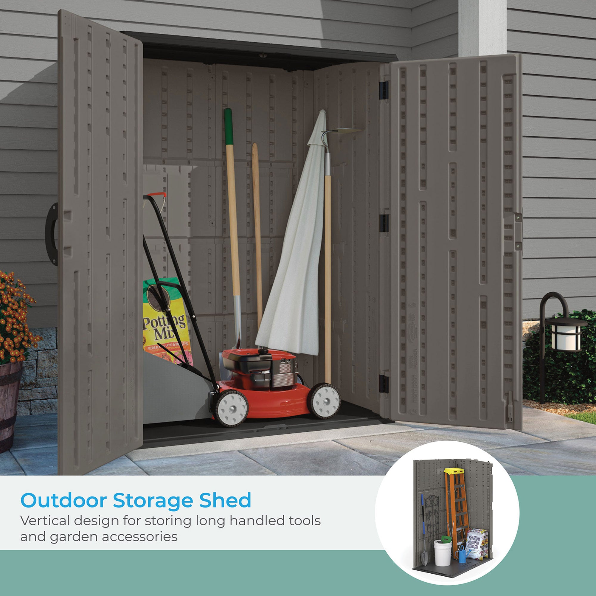 Suncast 54 Cubic Foot Vertical Shed Outdoor Storage for Patio and Garage, Stoney