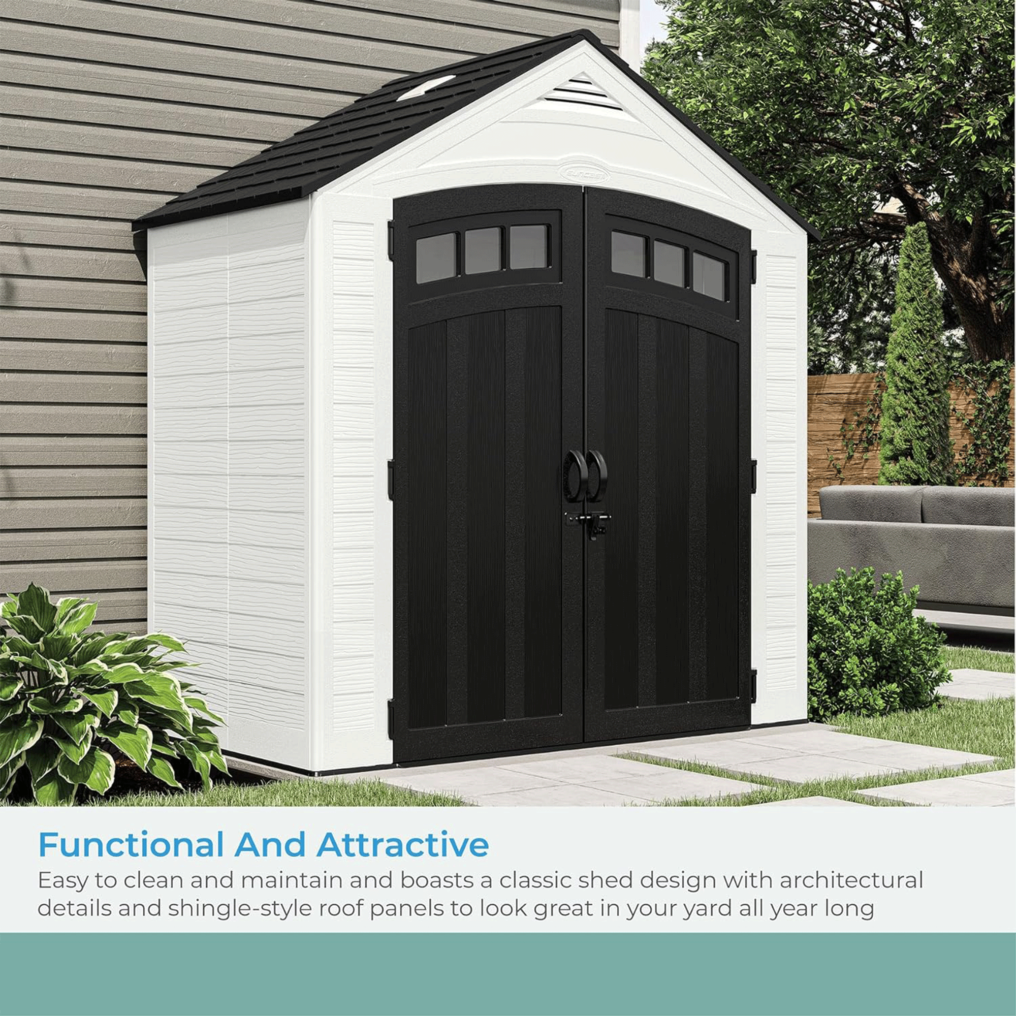 Suncast Vista 187 Cu Ft Storage Shed 7' x 4' Outdoor Garden Patio Box, Ice Cube - VMInnovations