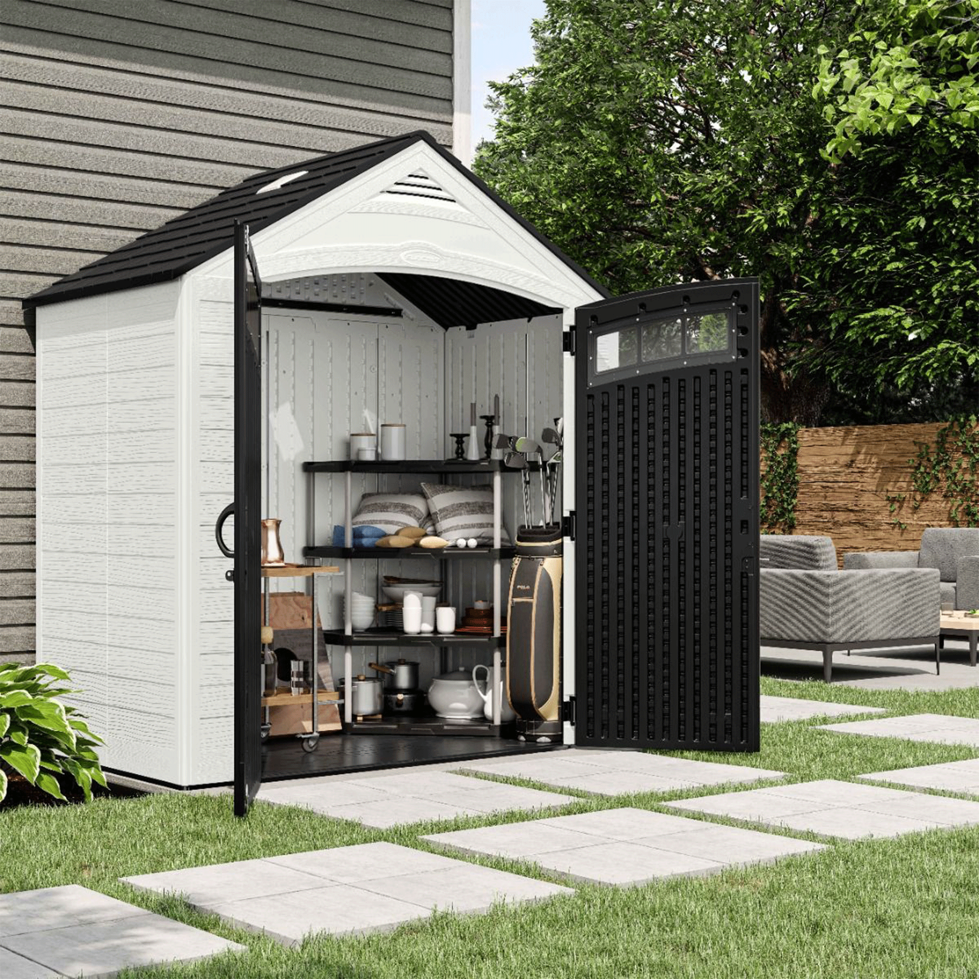 Suncast Vista 187 Cu Ft Storage Shed 7' x 4' Outdoor Garden Patio Box, Ice Cube - VMInnovations