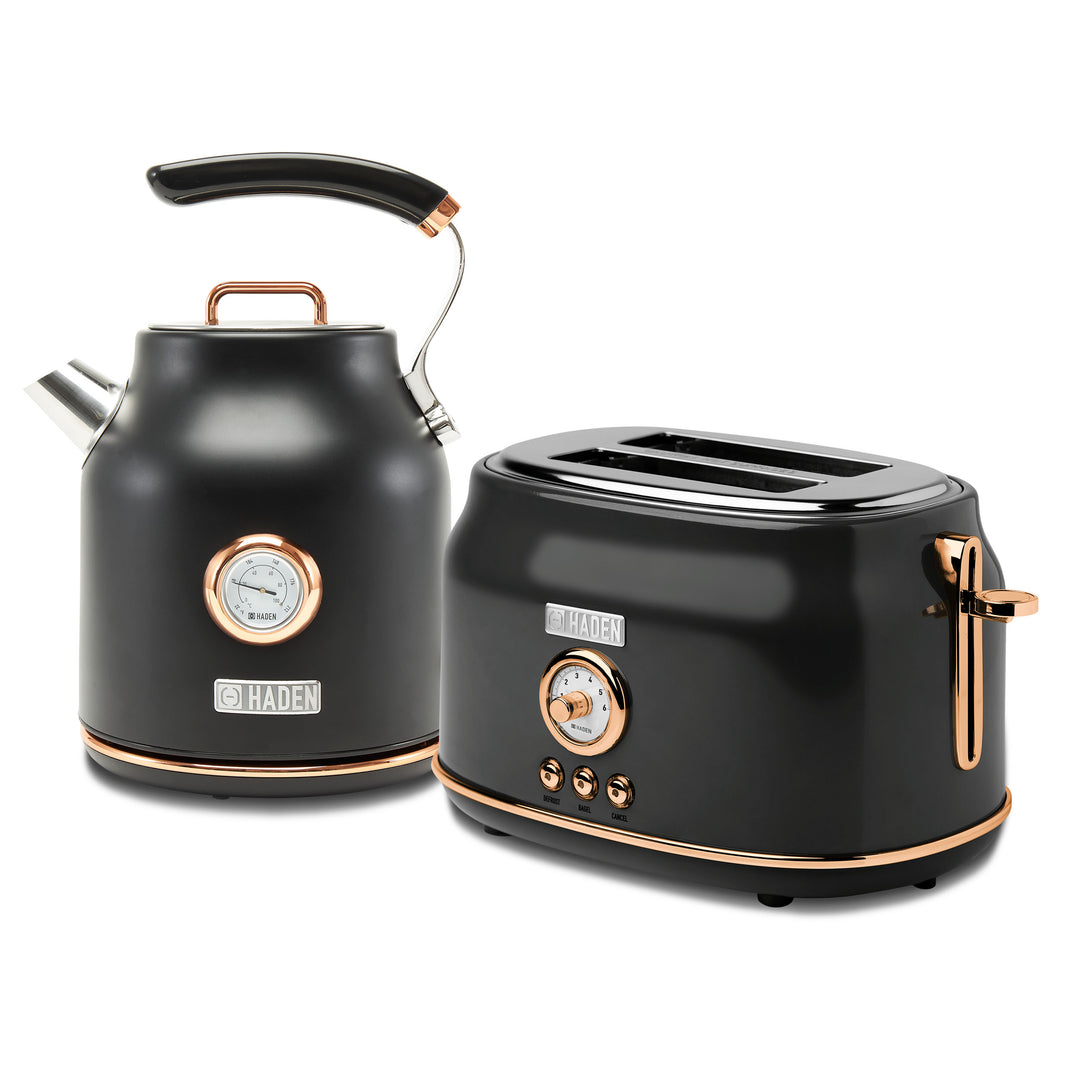 Haden Dorset Electric Water Kettle & 2 Slice Wide Slot Toaster, Black & Copper - VMInnovations