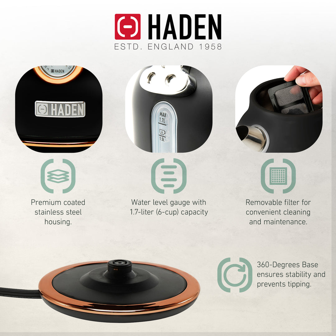 Haden Dorset Electric Water Kettle & 2 Slice Wide Slot Toaster, Black & Copper - VMInnovations