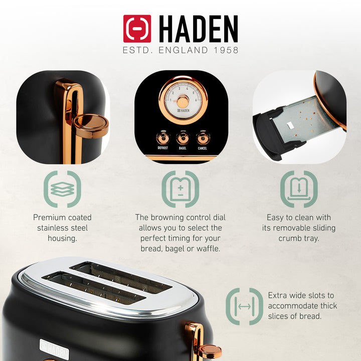 Haden Dorset Electric Water Kettle & 2 Slice Wide Slot Toaster, Black & Copper - VMInnovations