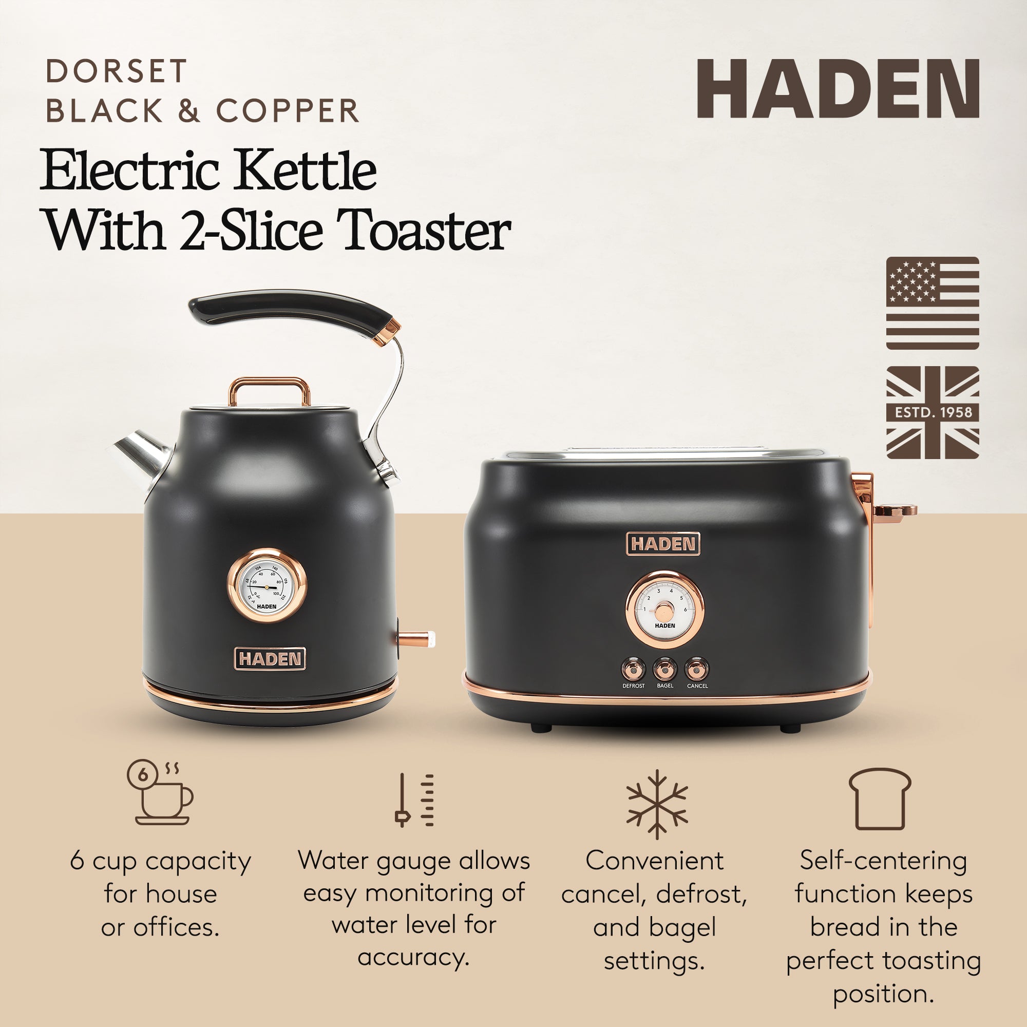 Haden Dorset Electric Water Kettle & 2 Slice Wide Slot Toaster, Black & Copper - VMInnovations