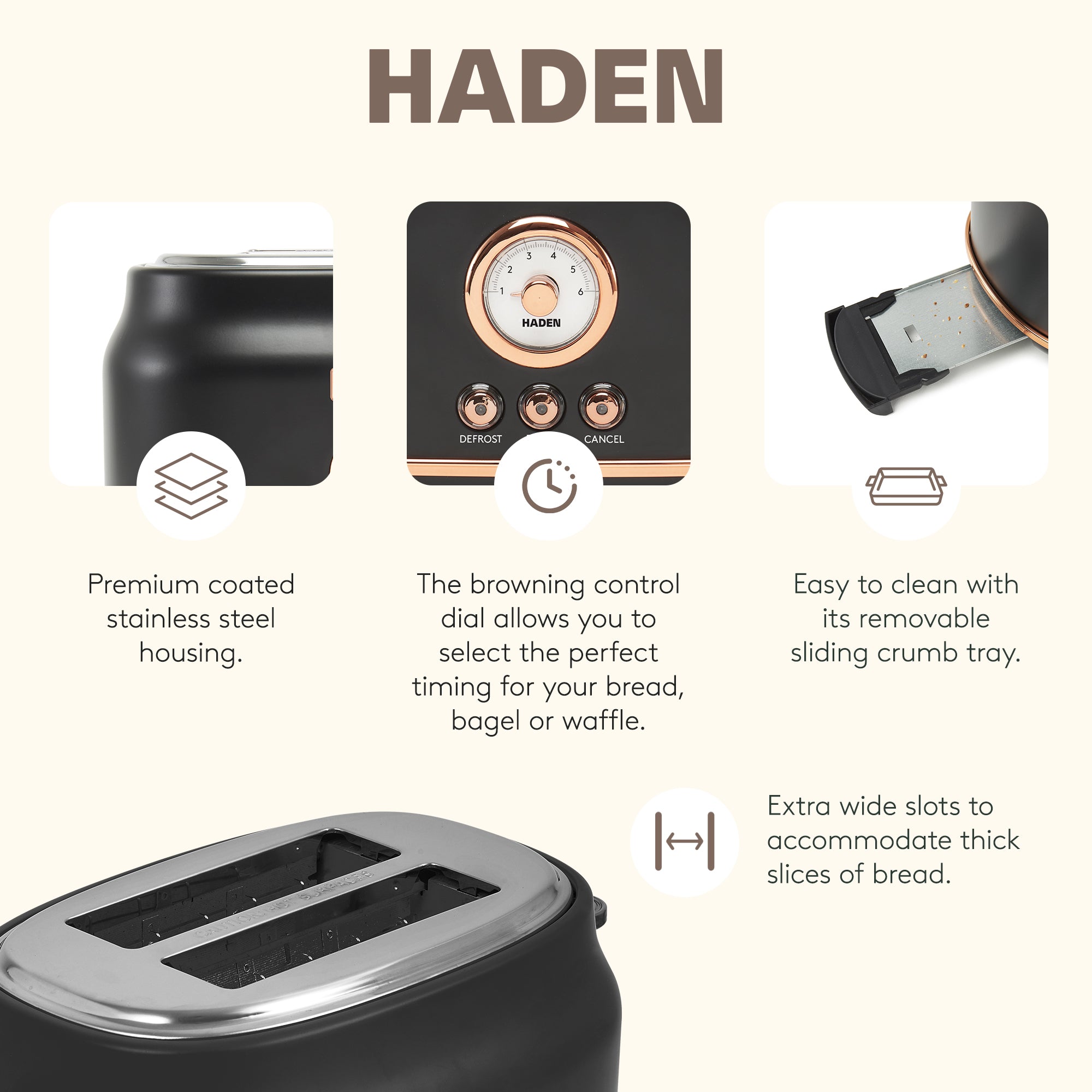 Haden Dorset Electric Water Kettle & 2 Slice Wide Slot Toaster, Black & Copper