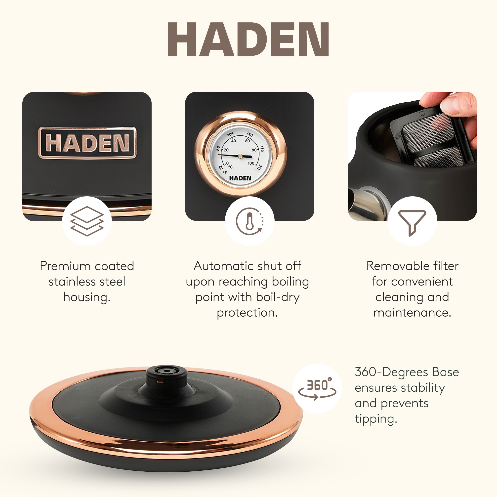 Haden Dorset Electric Water Kettle & 2 Slice Wide Slot Toaster, Black & Copper - VMInnovations