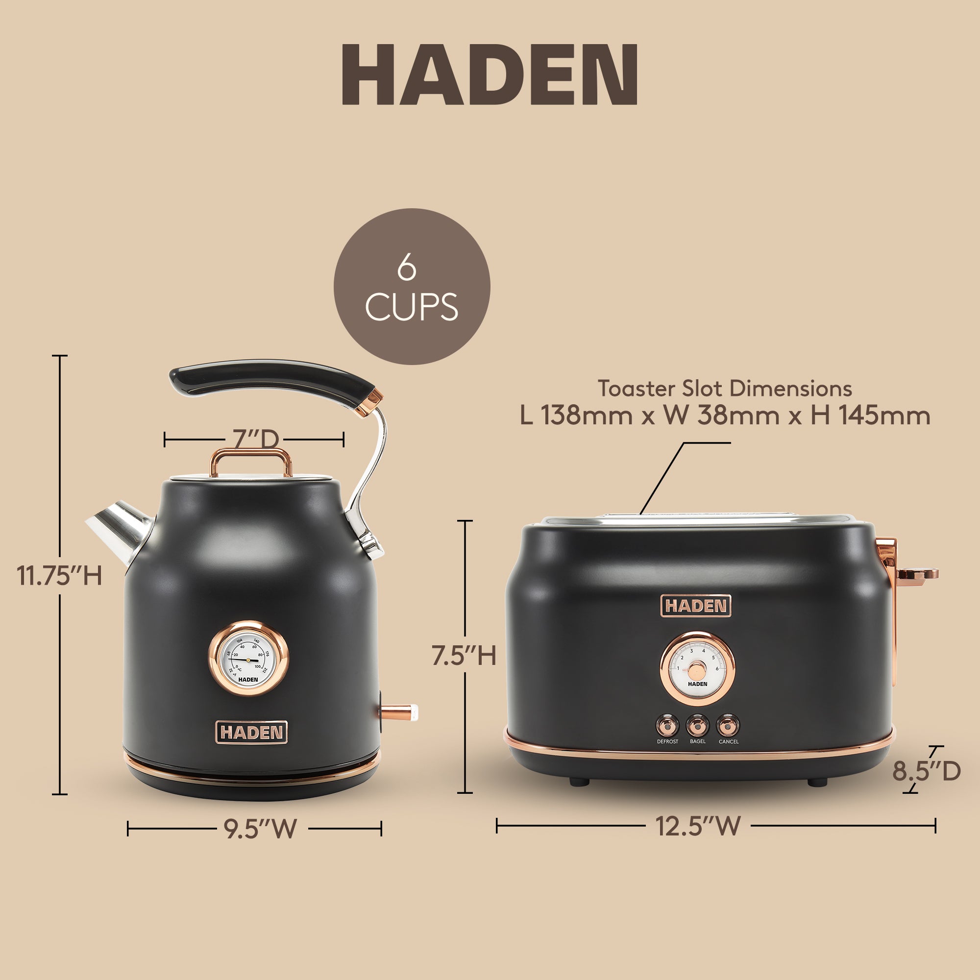 Haden Dorset Electric Water Kettle & 2 Slice Wide Slot Toaster, Black & Copper - VMInnovations