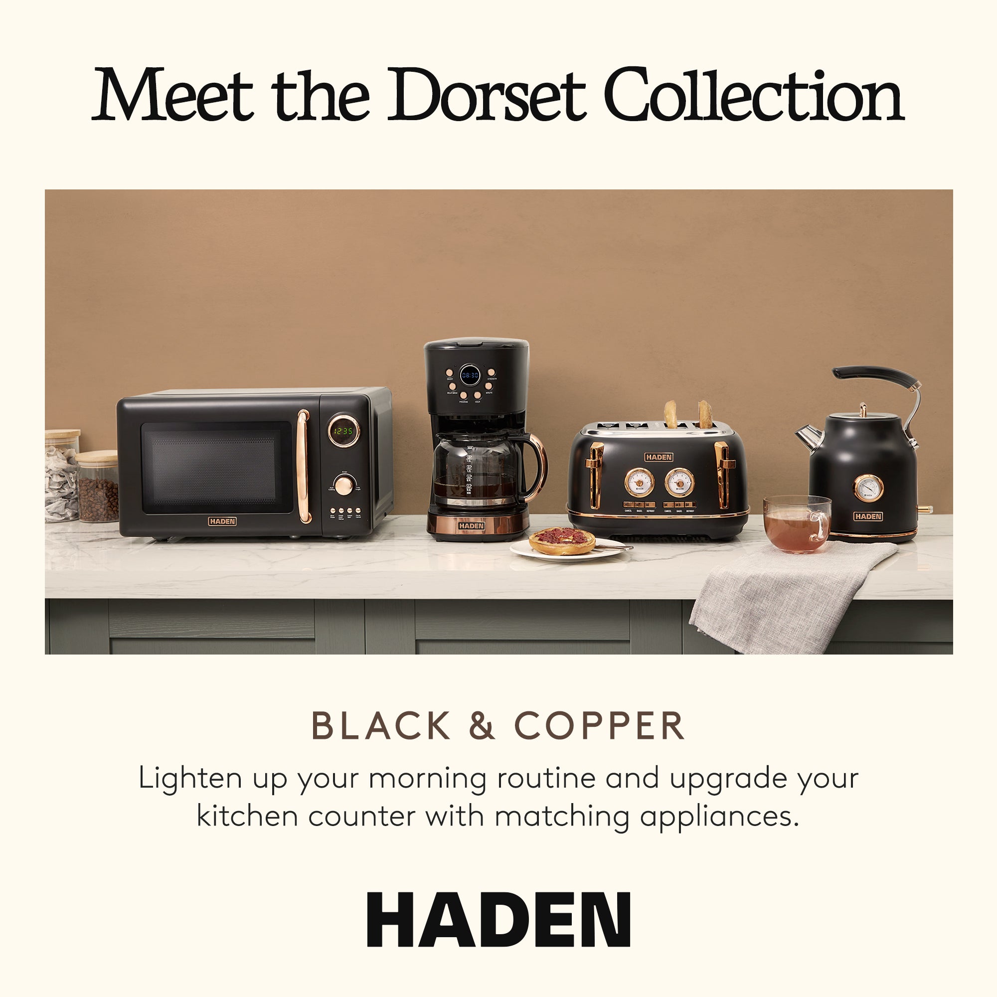 Haden Dorset Electric Water Kettle & 2 Slice Wide Slot Toaster, Black & Copper