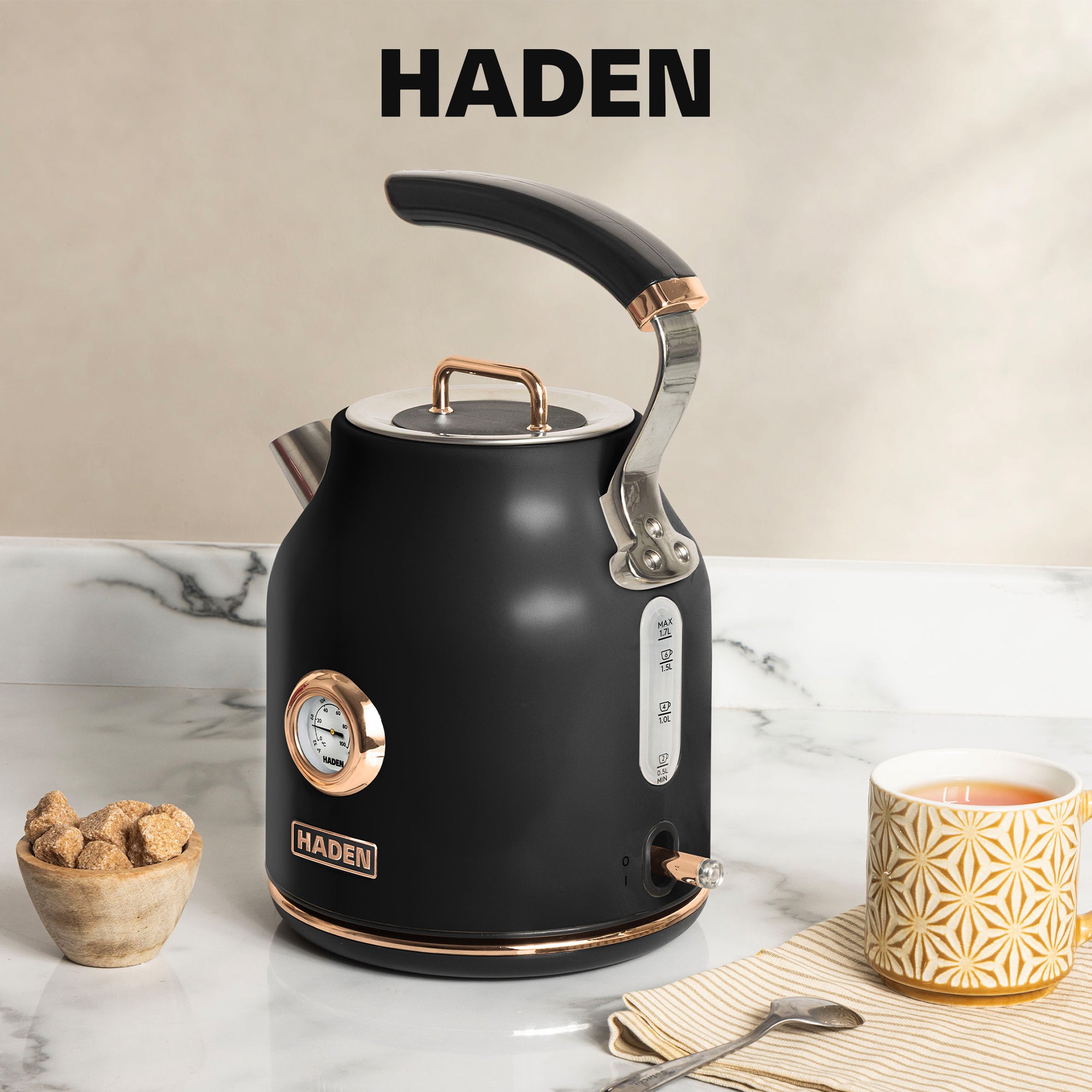 Haden Dorset Electric Water Kettle & 2 Slice Wide Slot Toaster, Black & Copper - VMInnovations