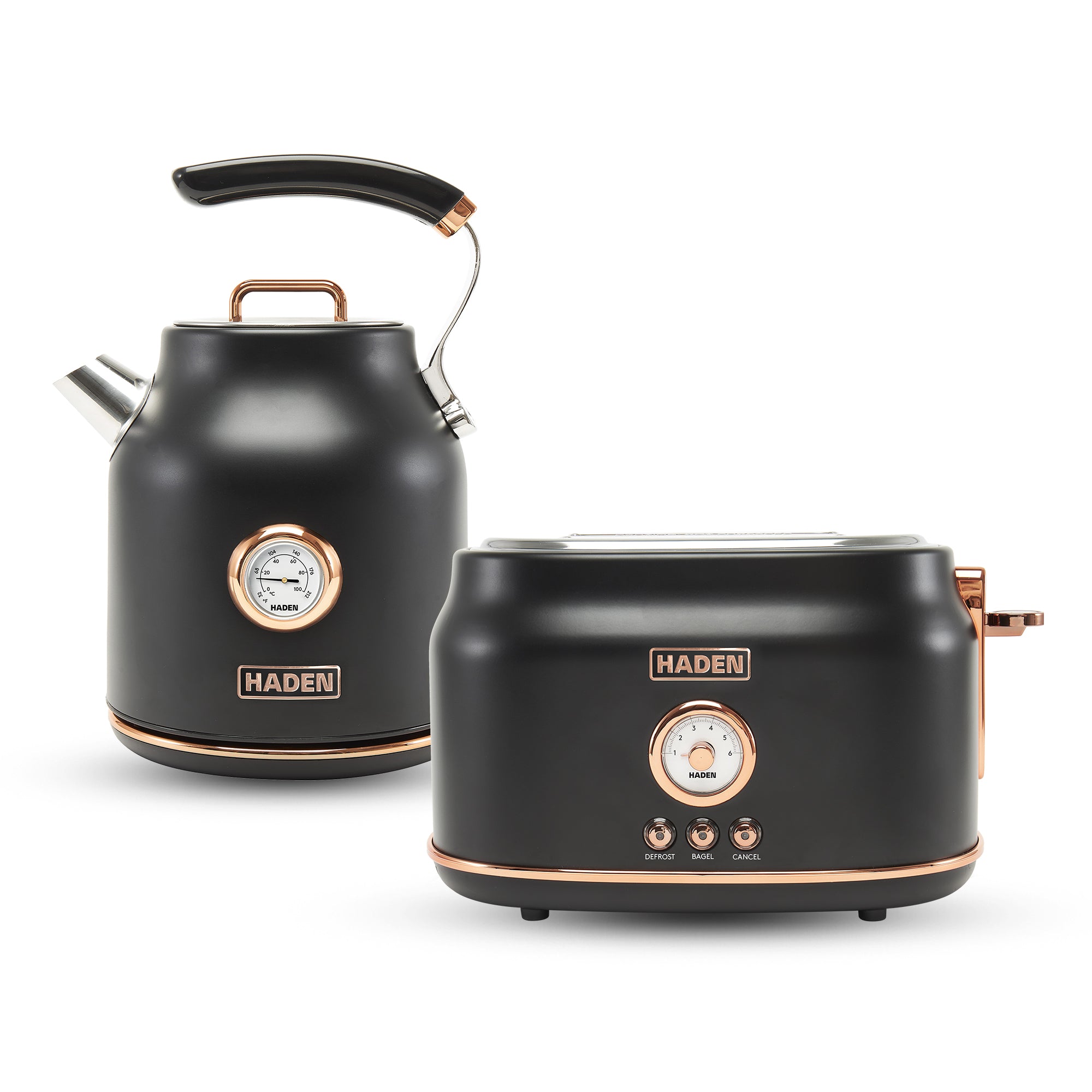 Haden Dorset Electric Water Kettle & 2 Slice Wide Slot Toaster, Black & Copper - VMInnovations