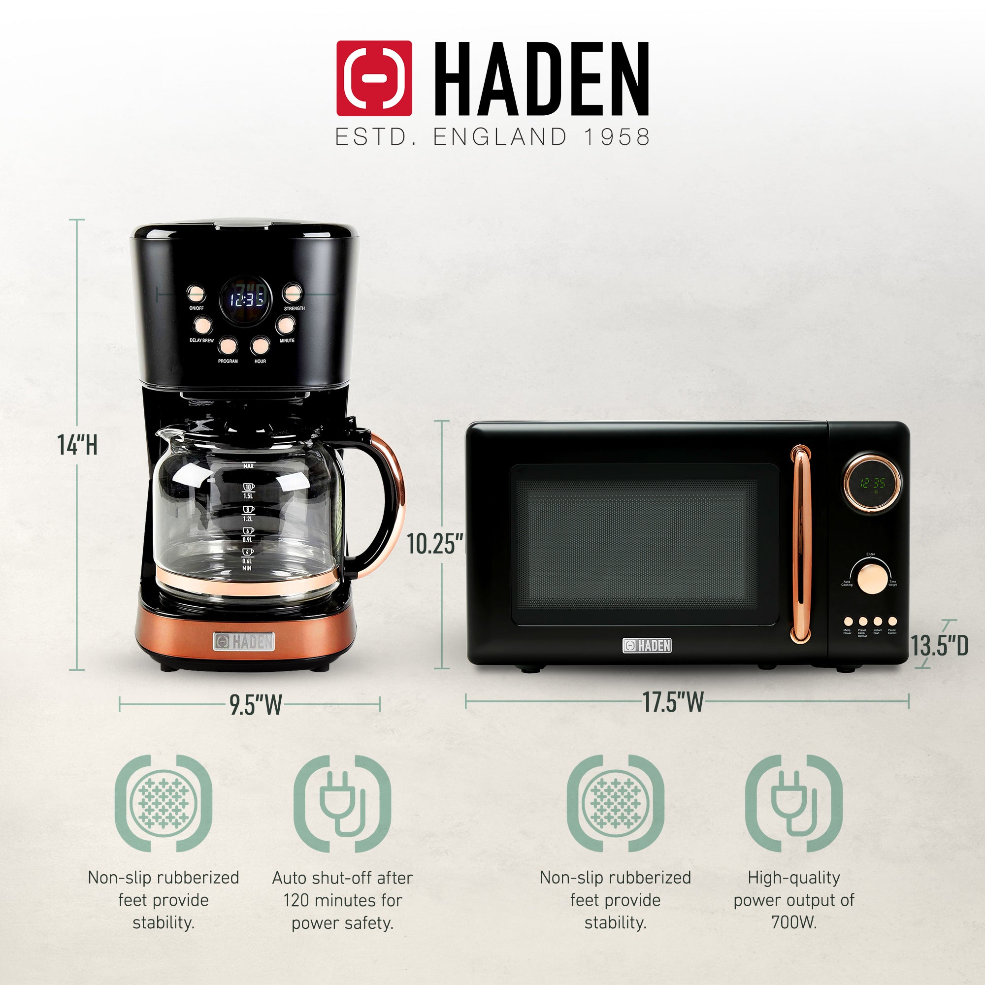 Haden 700W Compact Countertop Microwave & 12 Cup Coffee Maker, Black & Copper