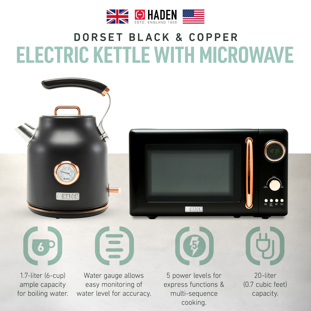 Haden 700W Countertop Microwave & Dorset 1.7L Electric Kettle, Black & Copper - VMInnovations